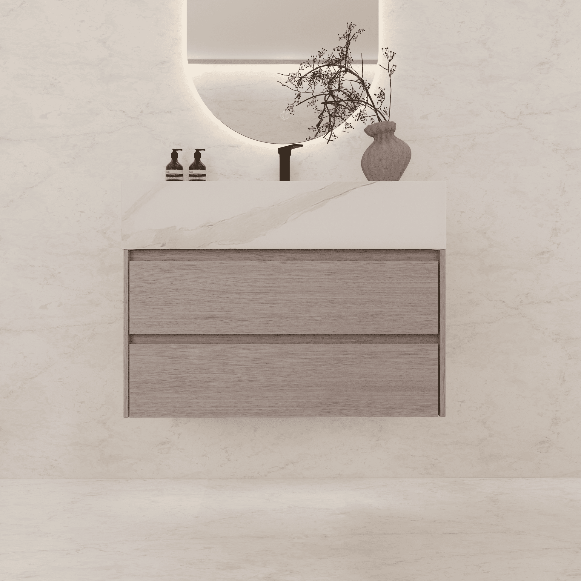 32", 36", 40" Sintered Stone Top with Light Oak Floating Bathroom Vanity - VanityWhite Carrara