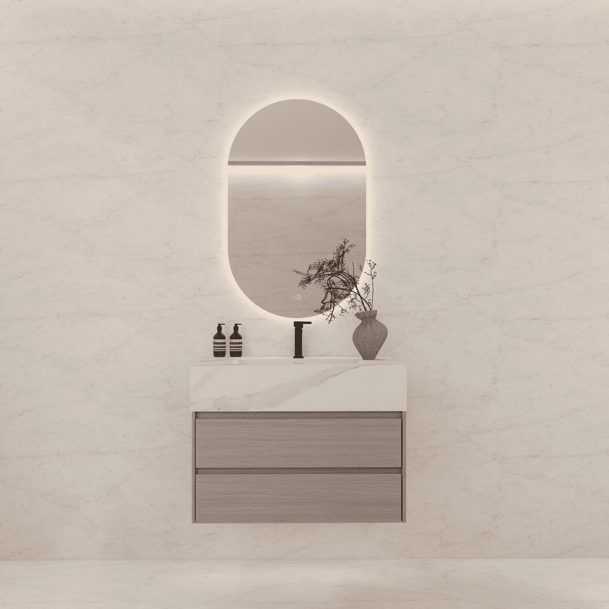 32", 36", 40" Sintered Stone Top with Light Oak Floating Bathroom Vanity - VanityWhite Carrara