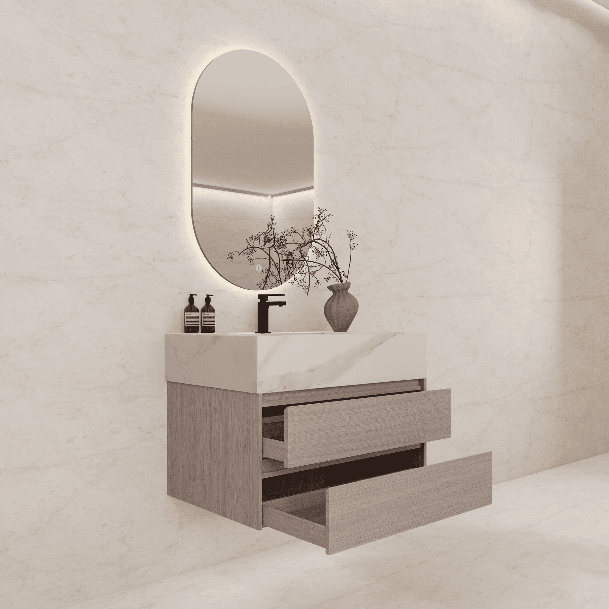 32", 36", 40" Sintered Stone Top with Light Oak Floating Bathroom Vanity - VanityWhite Carrara