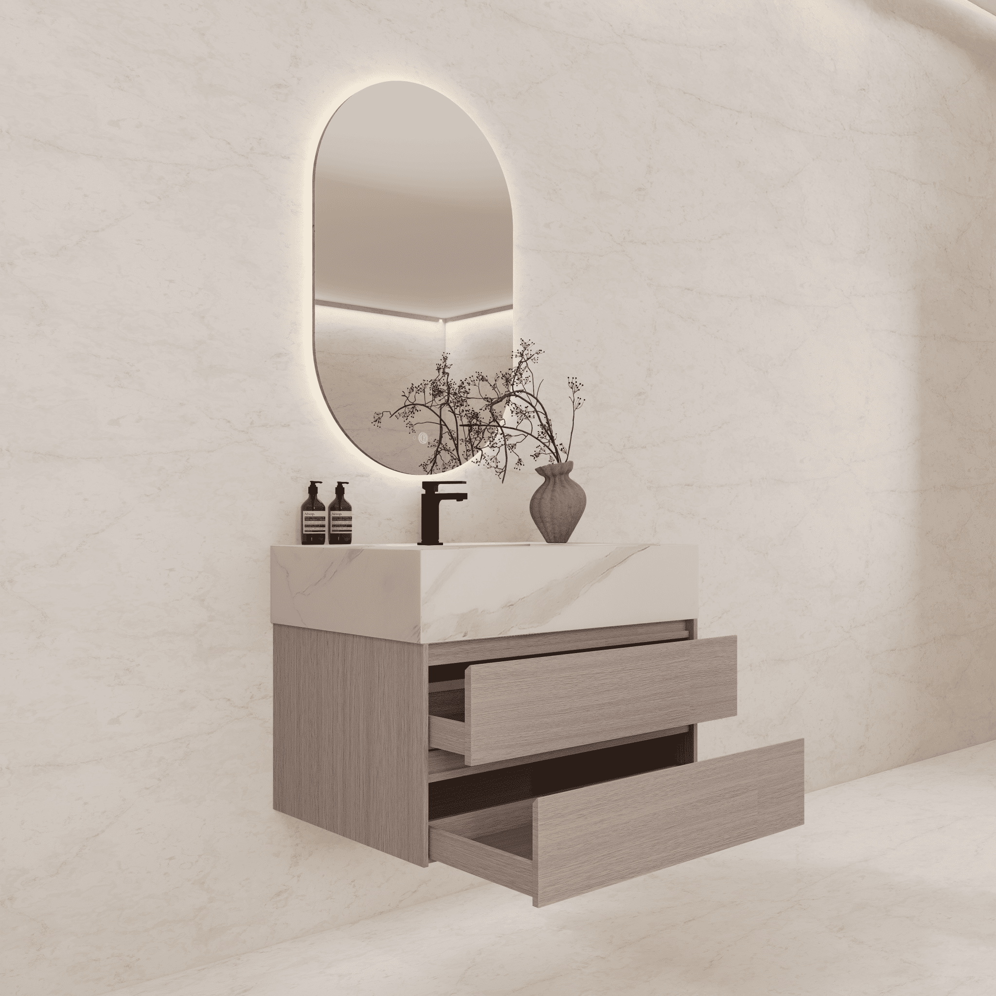 32", 36", 40" Sintered Stone Top with Light Oak Floating Bathroom Vanity - VanityWhite Carrara