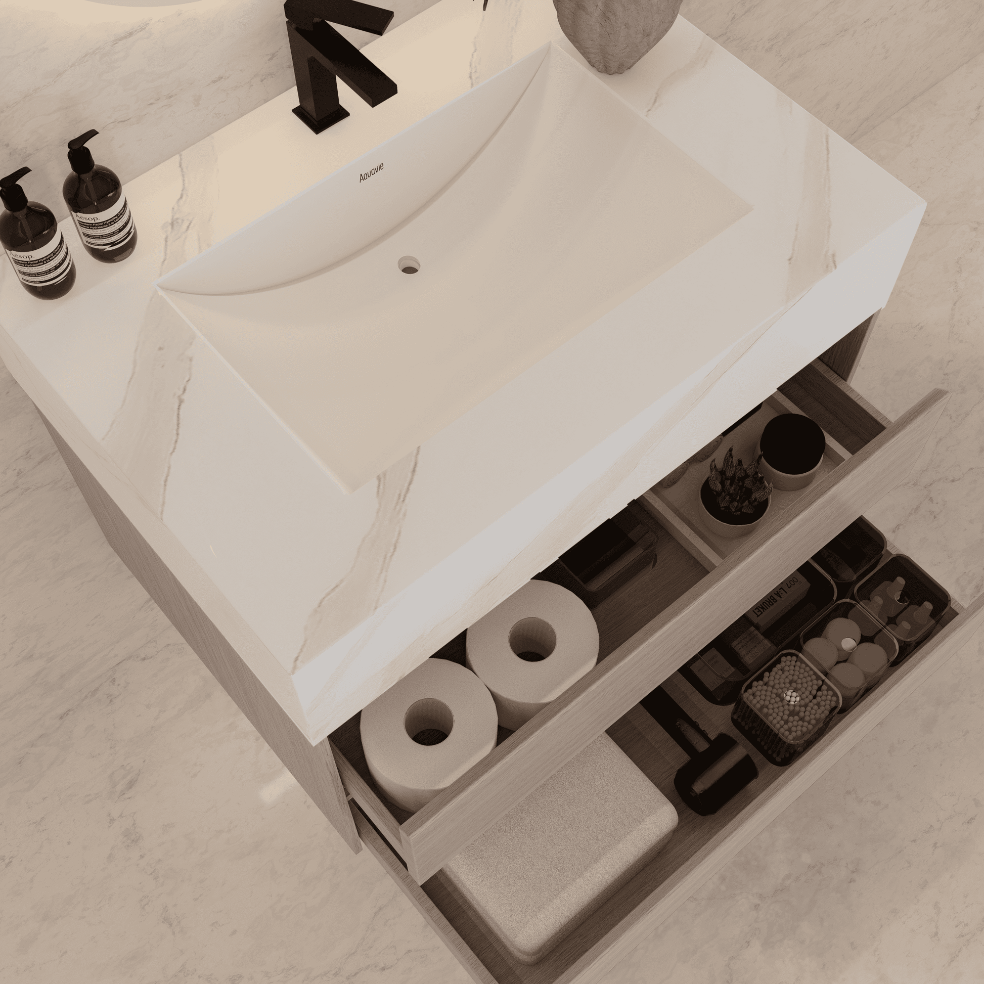 32", 36", 40" Sintered Stone Top with Light Oak Floating Bathroom Vanity - VanityWhite Carrara