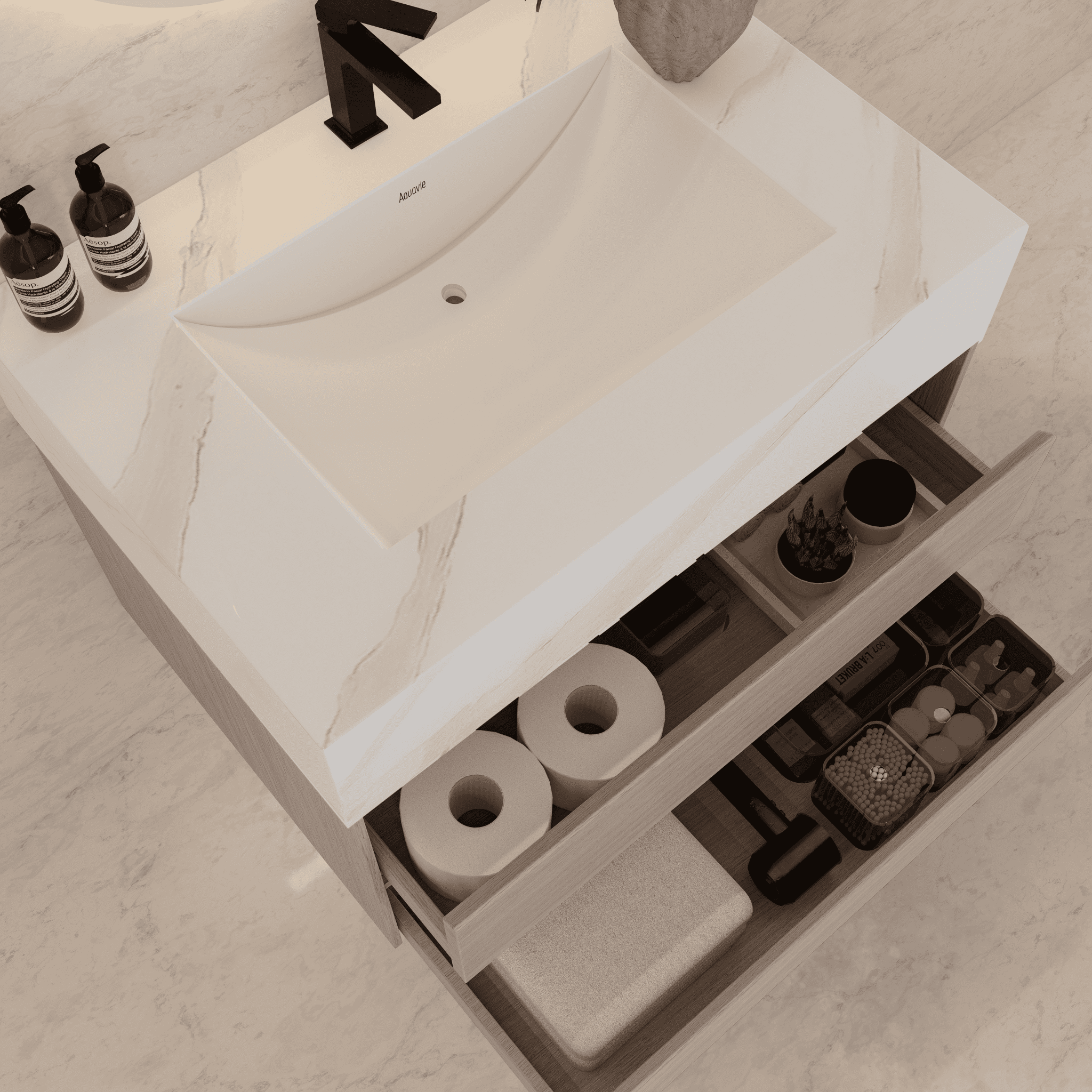 32", 36", 40" Sintered Stone Top with Light Oak Floating Bathroom Vanity - VanityWhite Carrara