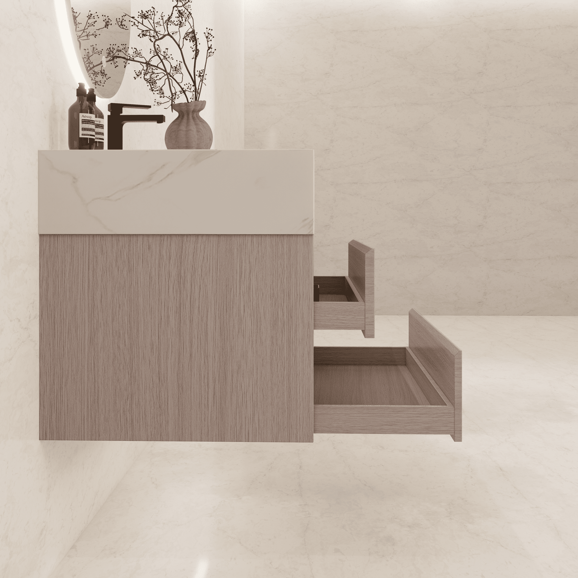 32", 36", 40" Sintered Stone Top with Light Oak Floating Bathroom Vanity - VanityWhite Carrara