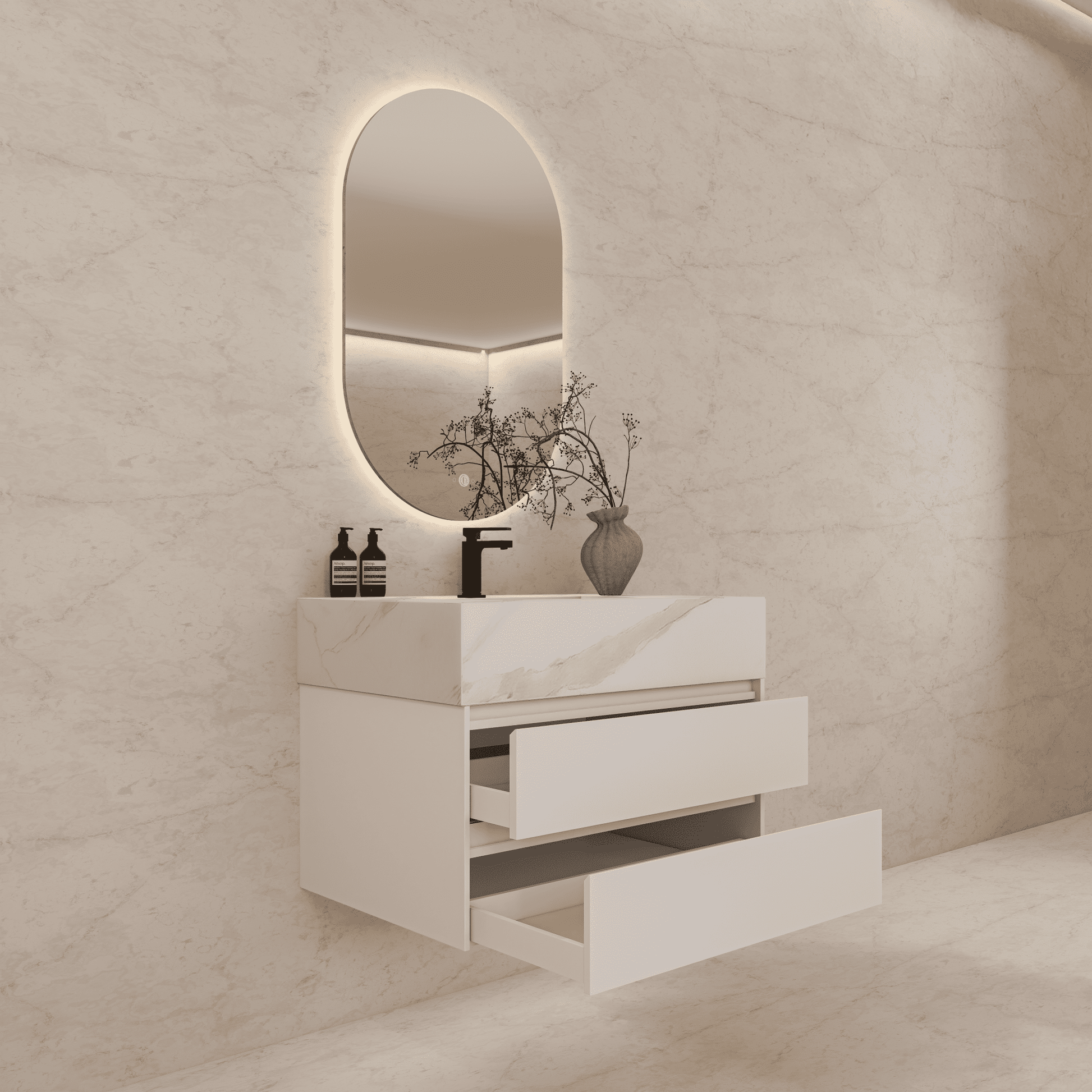 32", 36", 40" Sintered Stone Top with Light Oak Floating Bathroom Vanity - VanityWhite Carrara