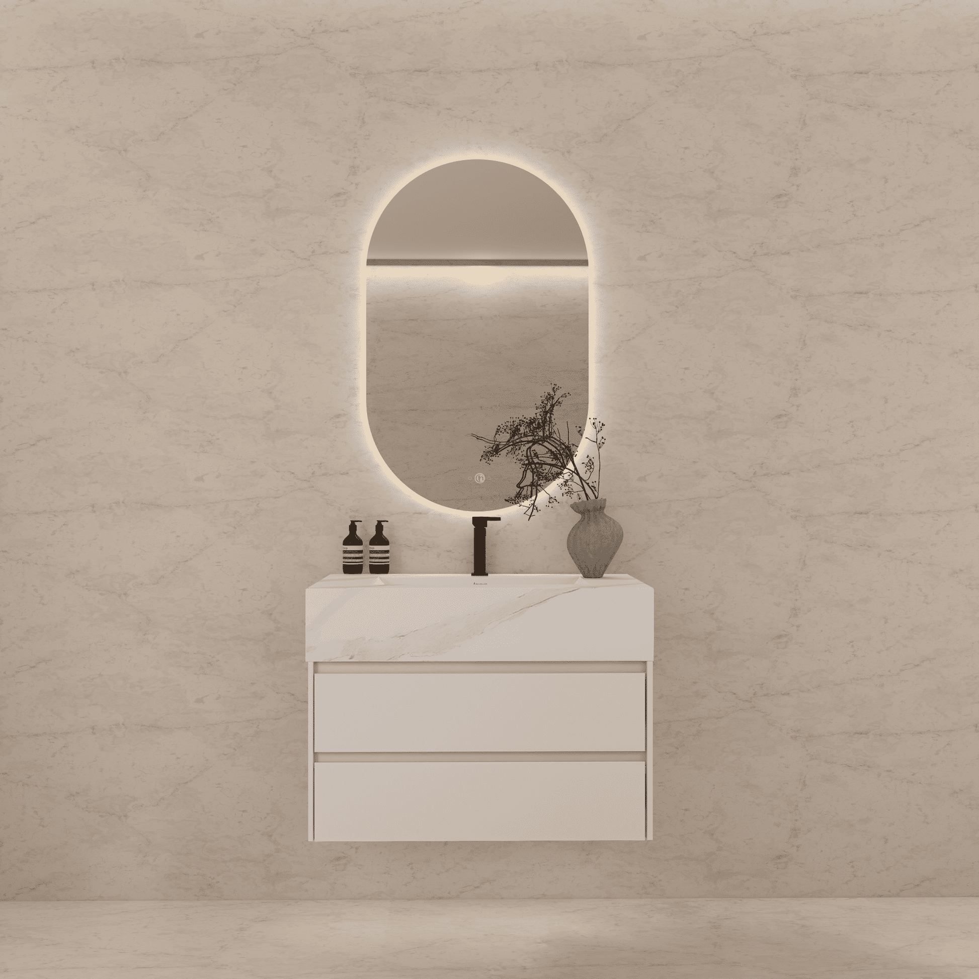 32", 36", 40" Sintered Stone Top with Light Oak Floating Bathroom Vanity - VanityWhite Carrara