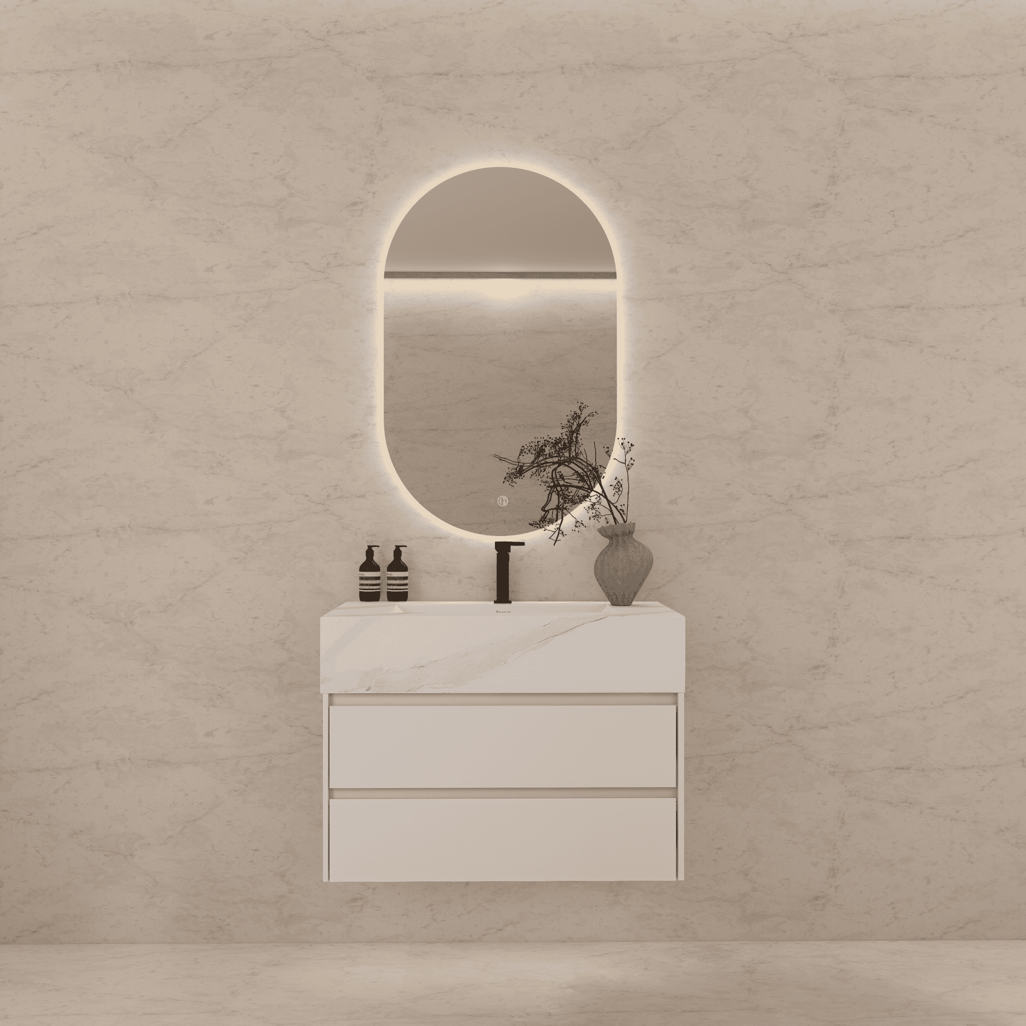 32", 36", 40" Sintered Stone Top with Light Oak Floating Bathroom Vanity - VanityWhite Carrara