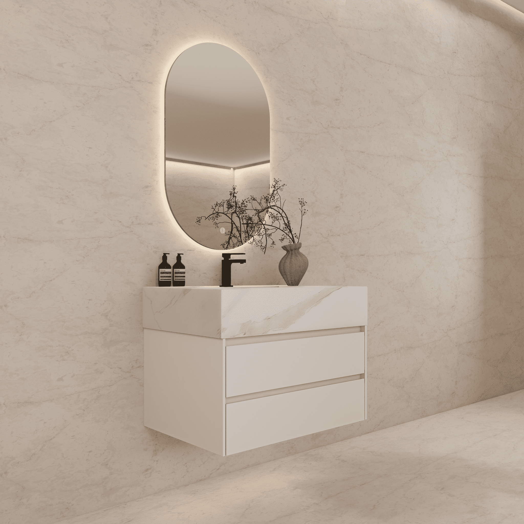 32", 36", 40" Sintered Stone Top with Light Oak Floating Bathroom Vanity - VanityWhite Carrara