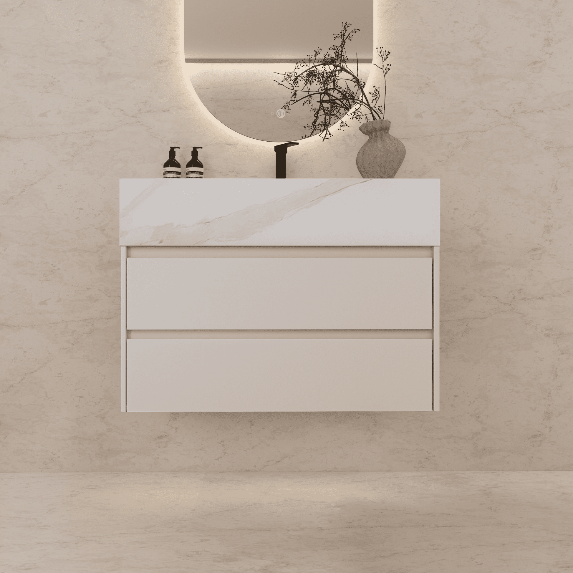 32", 36", 40" Sintered Stone Top with Light Oak Floating Bathroom Vanity - VanityWhite Carrara