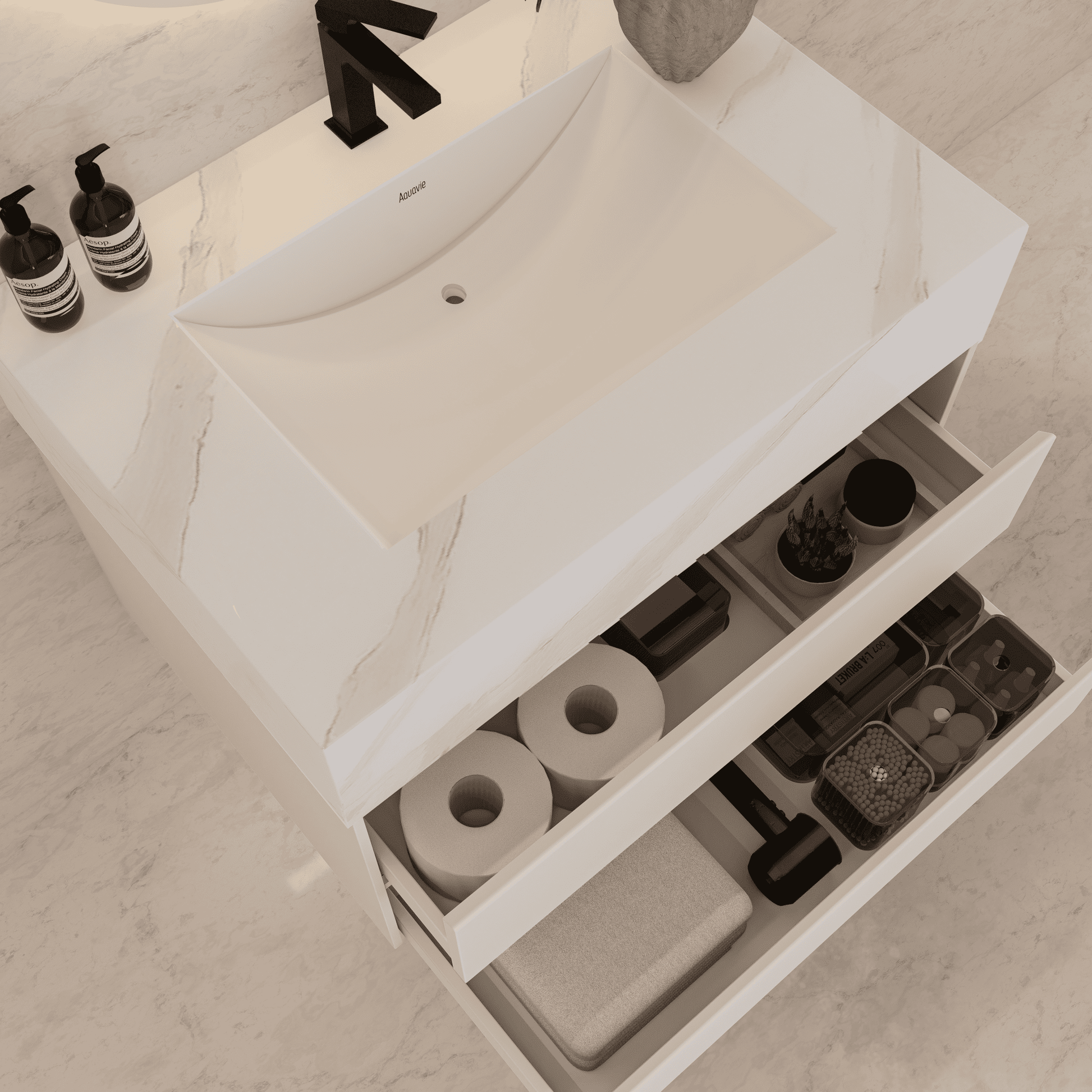 32", 36", 40" Sintered Stone Top with Light Oak Floating Bathroom Vanity - VanityWhite Carrara