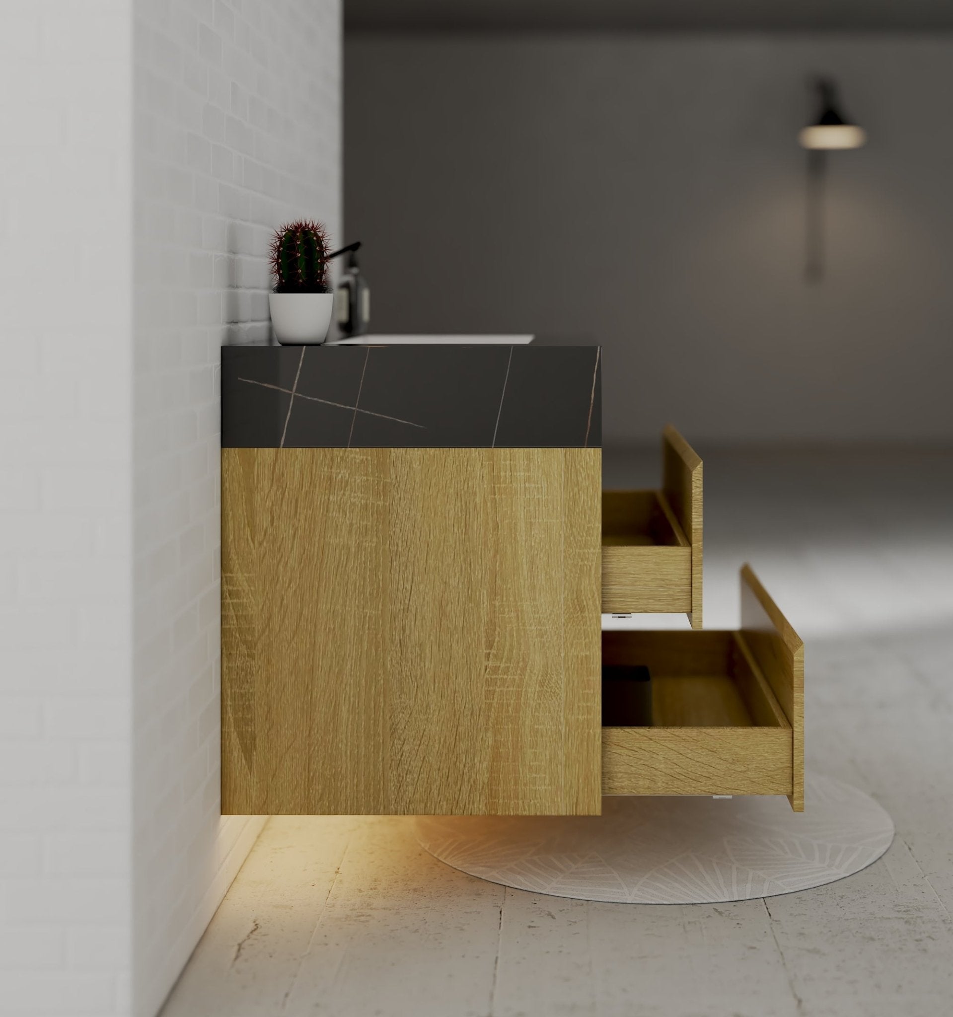 32", 36", 40" Sintered Stone Top with Nature Oak Floating Bathroom Vanity - VanityBlack Marquina Gold Veins NeoNova Decor