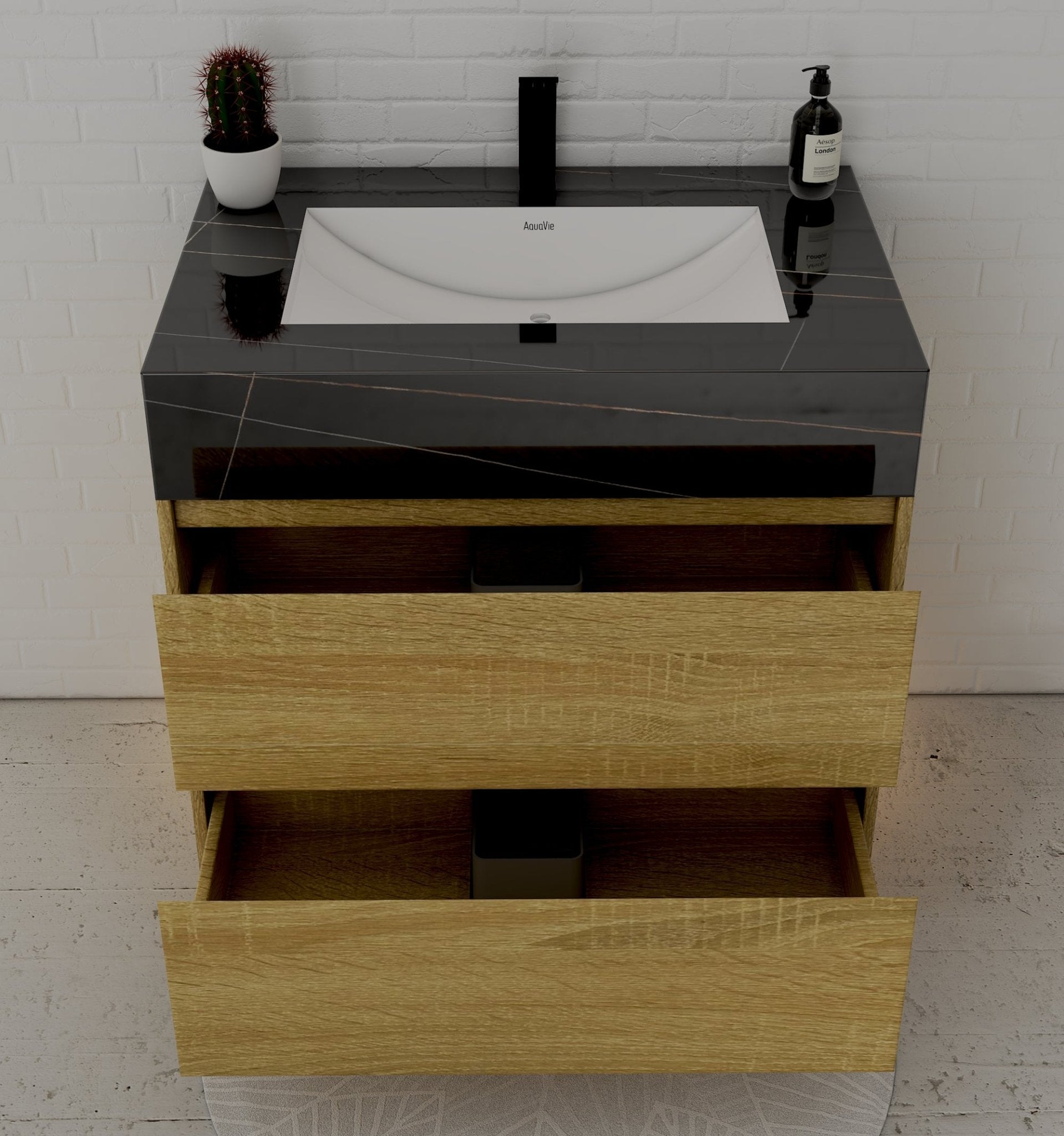 32", 36", 40" Sintered Stone Top with Nature Oak Floating Bathroom Vanity - VanityBlack Marquina Gold Veins NeoNova Decor
