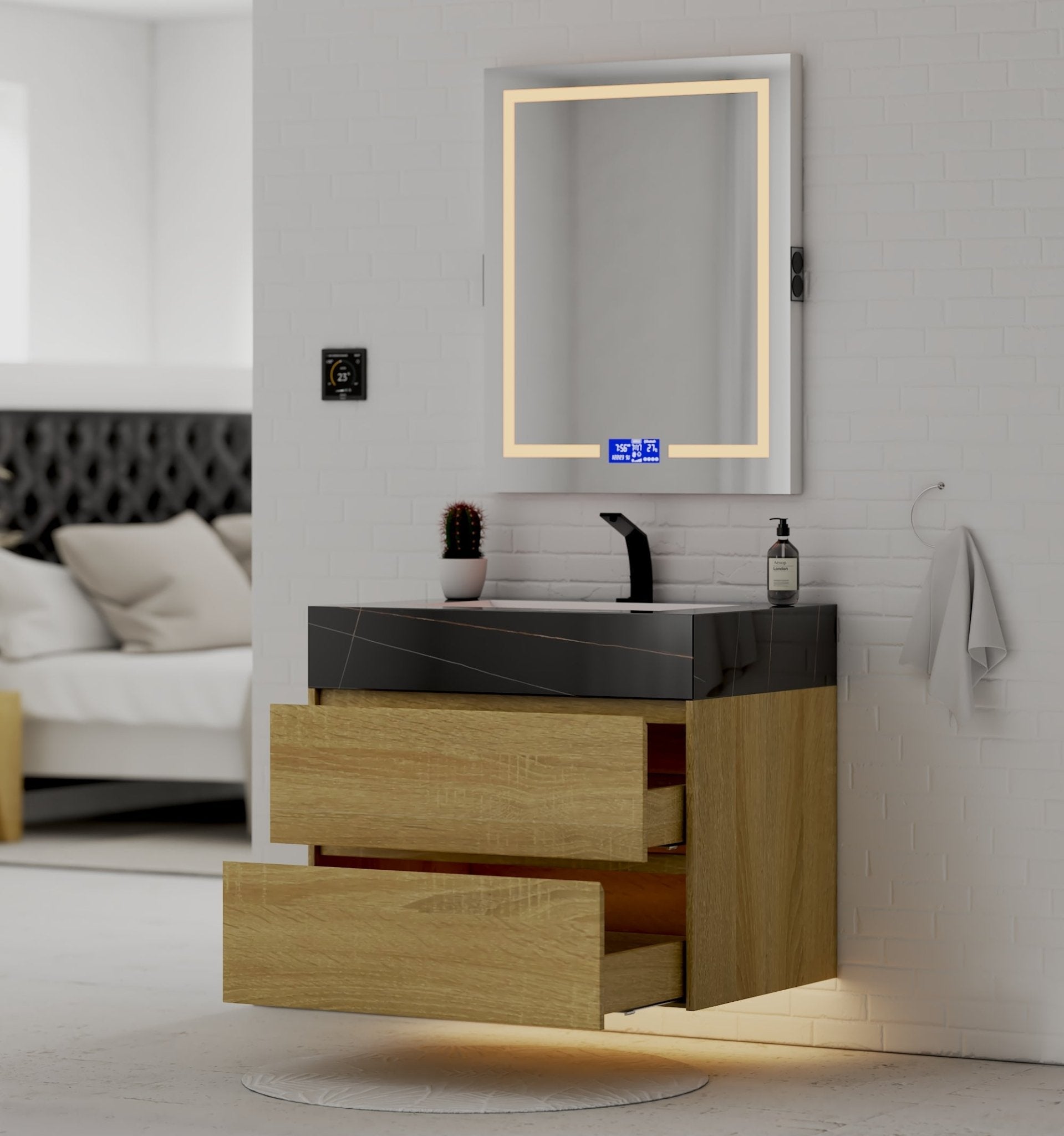 32", 36", 40" Sintered Stone Top with Nature Oak Floating Bathroom Vanity - VanityBlack Marquina Gold Veins NeoNova Decor