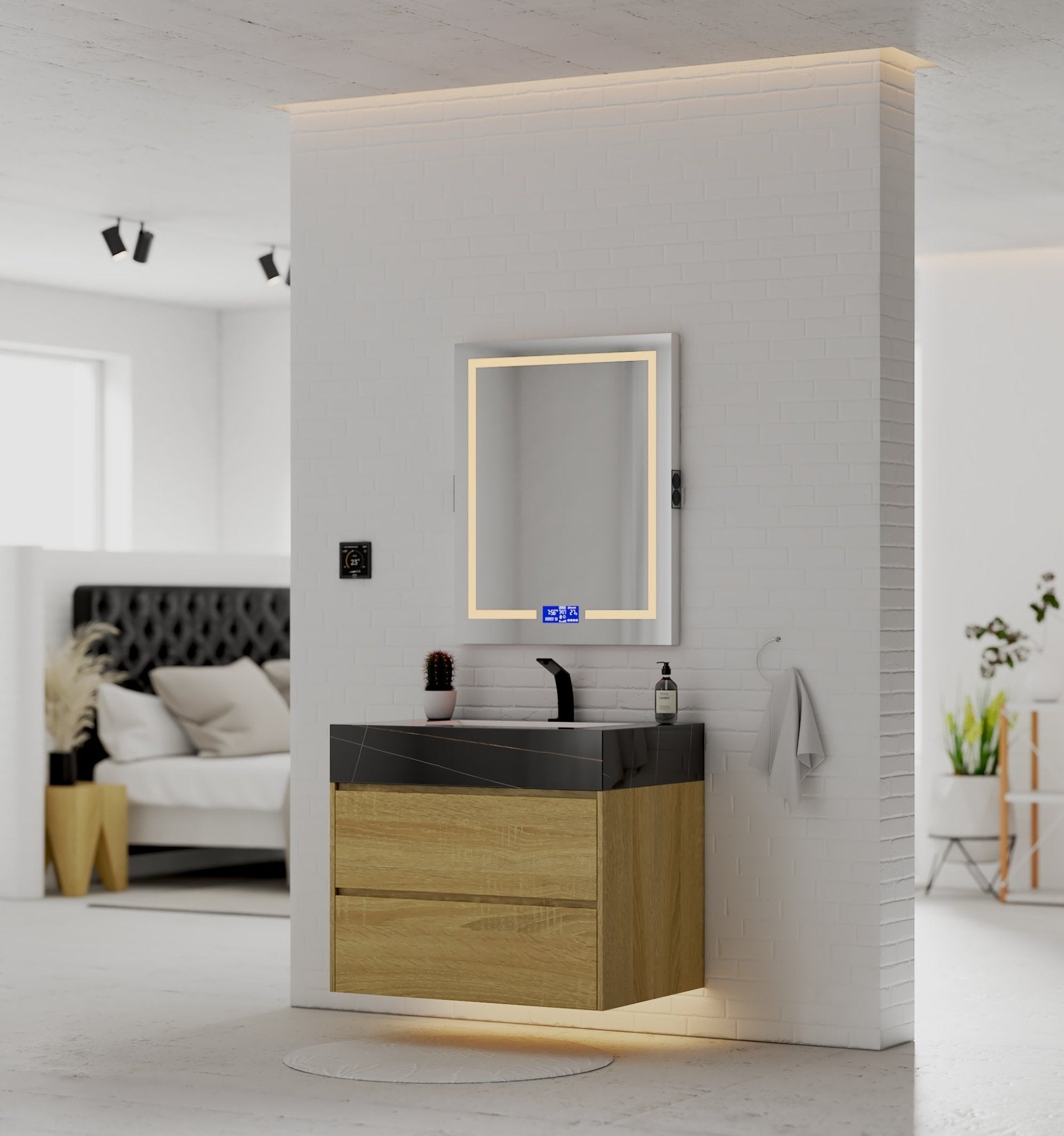 32", 36", 40" Sintered Stone Top with Nature Oak Floating Bathroom Vanity - VanityBlack Marquina Gold Veins NeoNova Decor