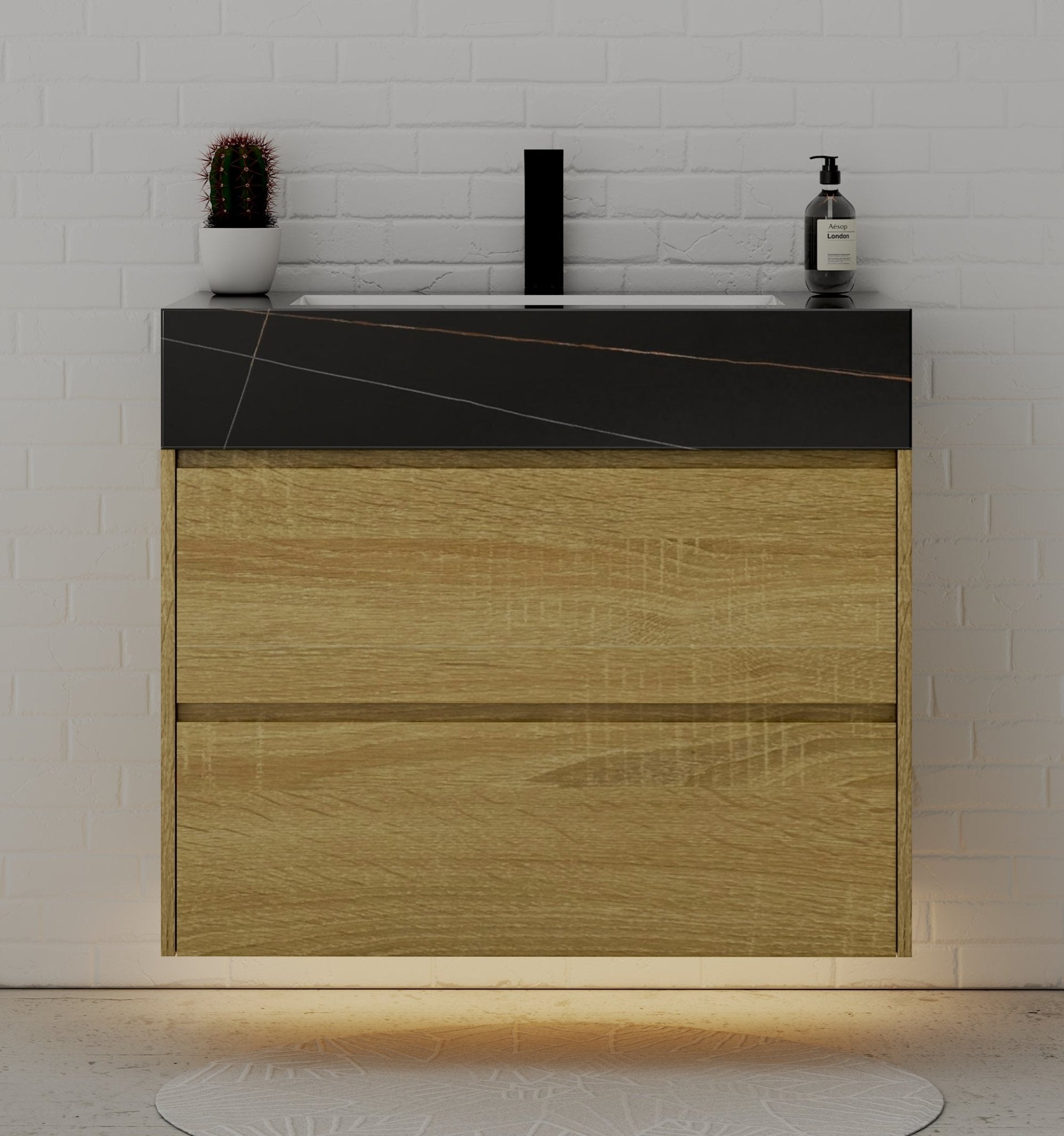 32", 36", 40" Sintered Stone Top with Nature Oak Floating Bathroom Vanity - VanityBlack Marquina Gold Veins NeoNova Decor