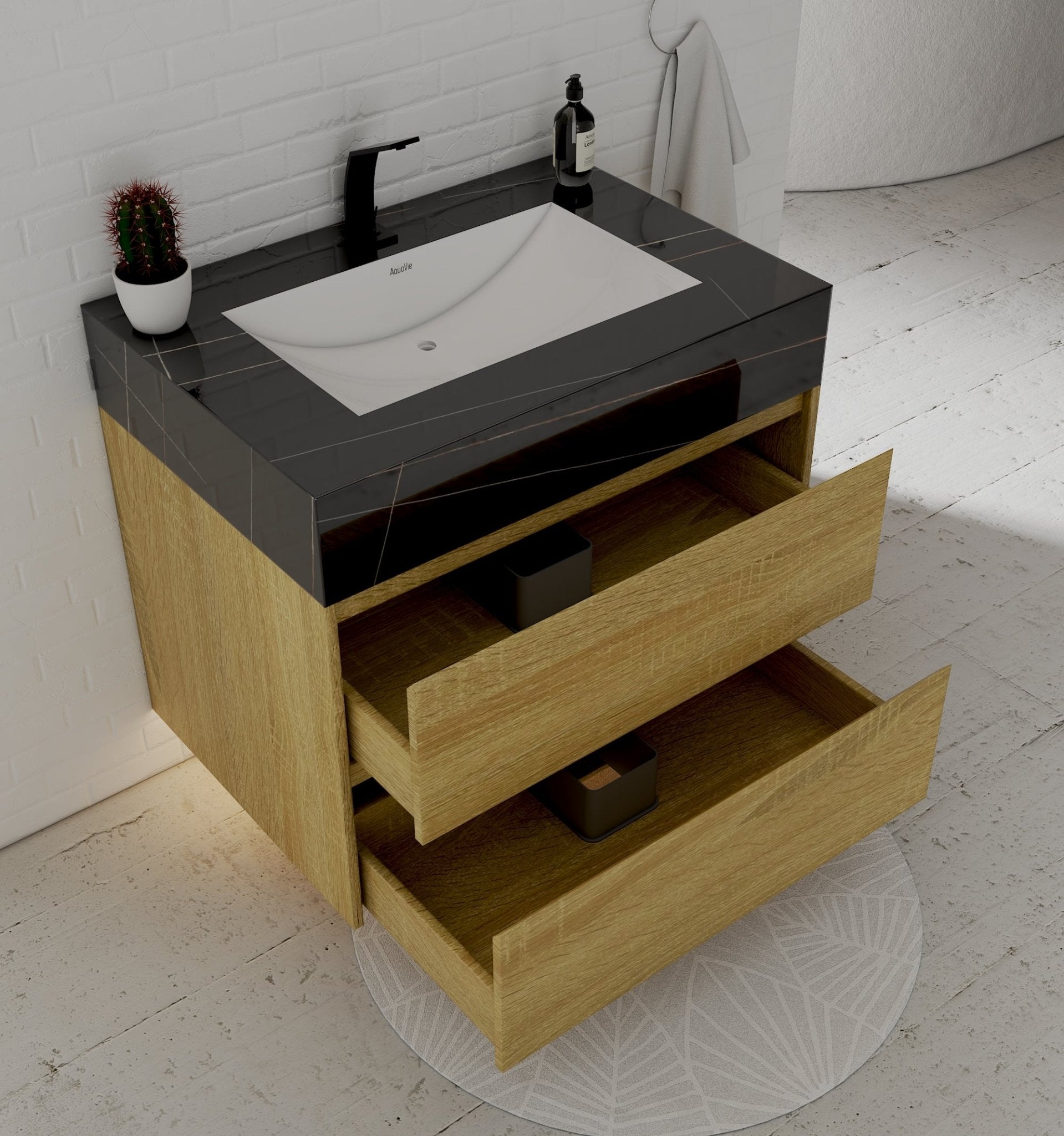32", 36", 40" Sintered Stone Top with Nature Oak Floating Bathroom Vanity - VanityBlack Marquina Gold Veins NeoNova Decor