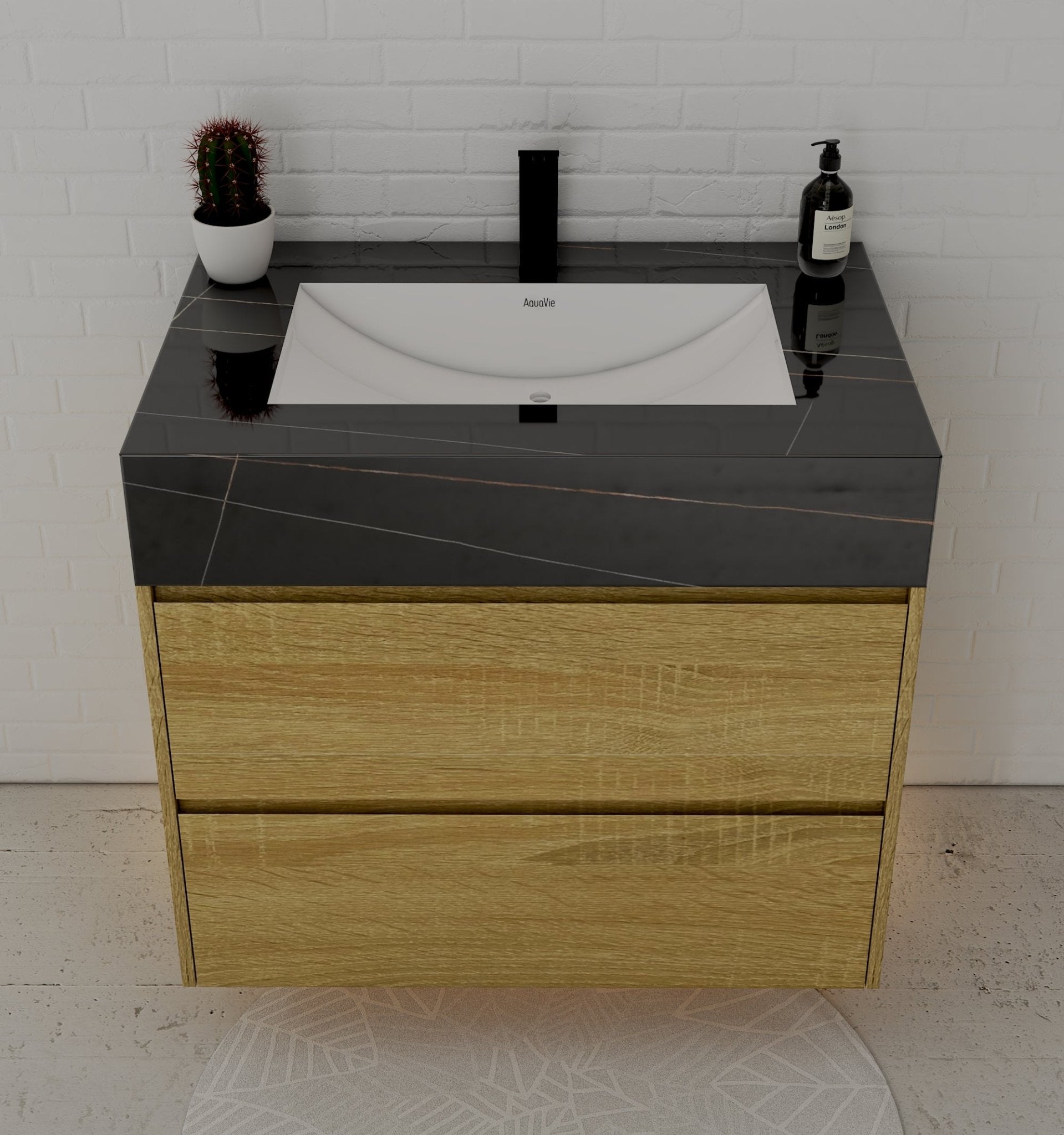 32", 36", 40" Sintered Stone Top with Nature Oak Floating Bathroom Vanity - VanityBlack Marquina Gold Veins NeoNova Decor