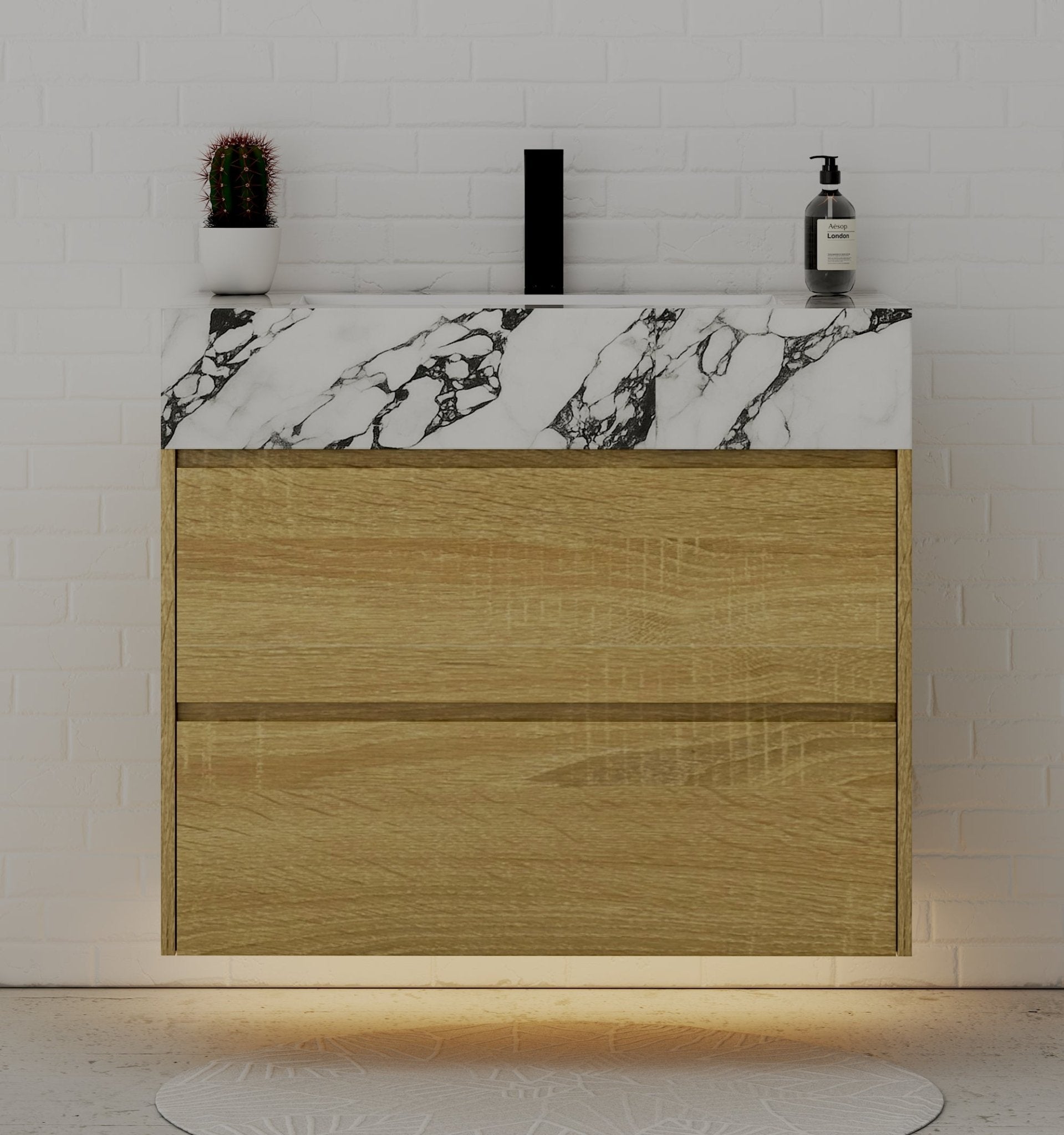 32", 36", 40" Sintered Stone Top with Nature Oak Floating Bathroom Vanity - VanityCalacatta Black NeoNova Decor