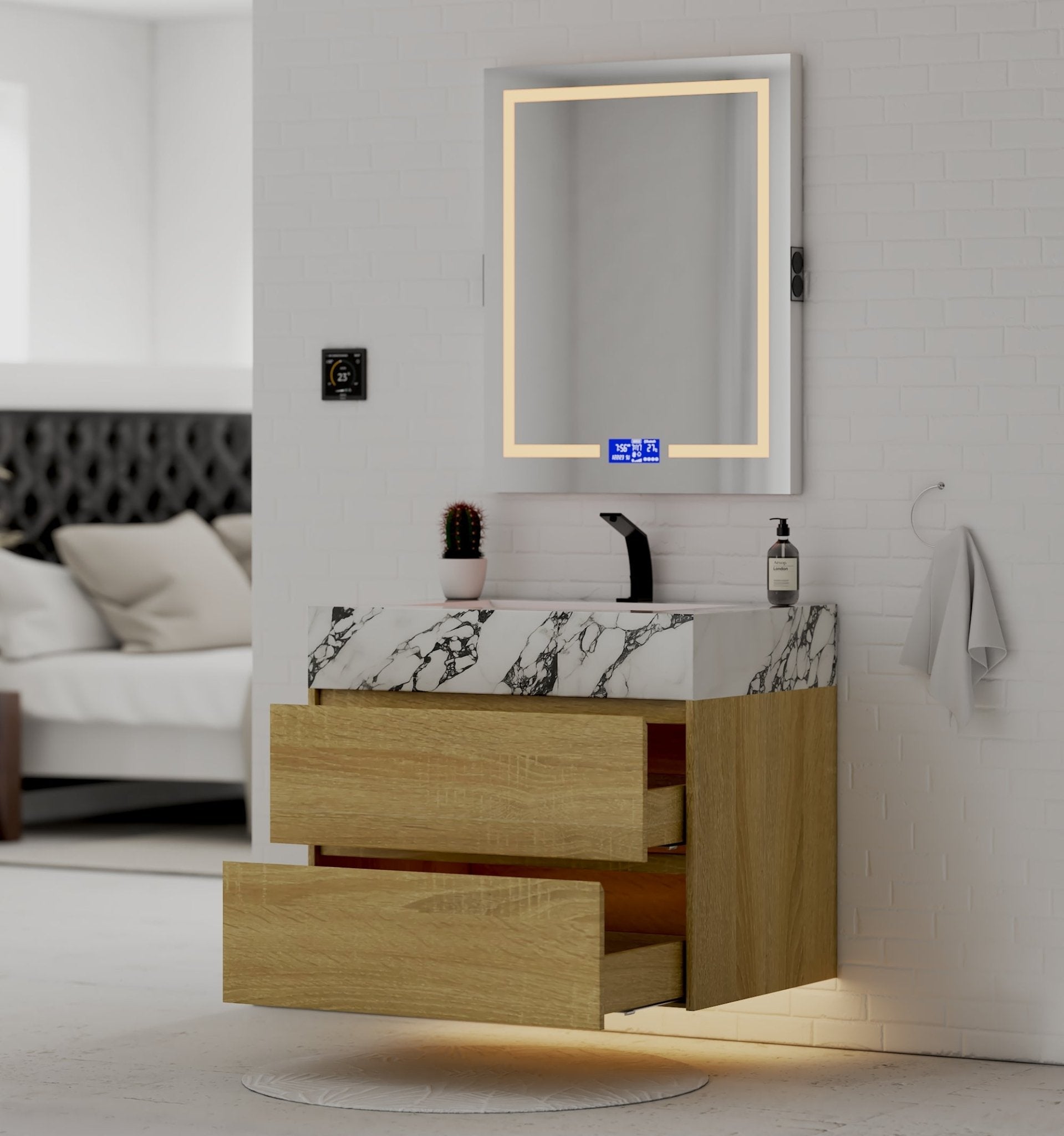 32", 36", 40" Sintered Stone Top with Nature Oak Floating Bathroom Vanity - VanityCalacatta Black NeoNova Decor