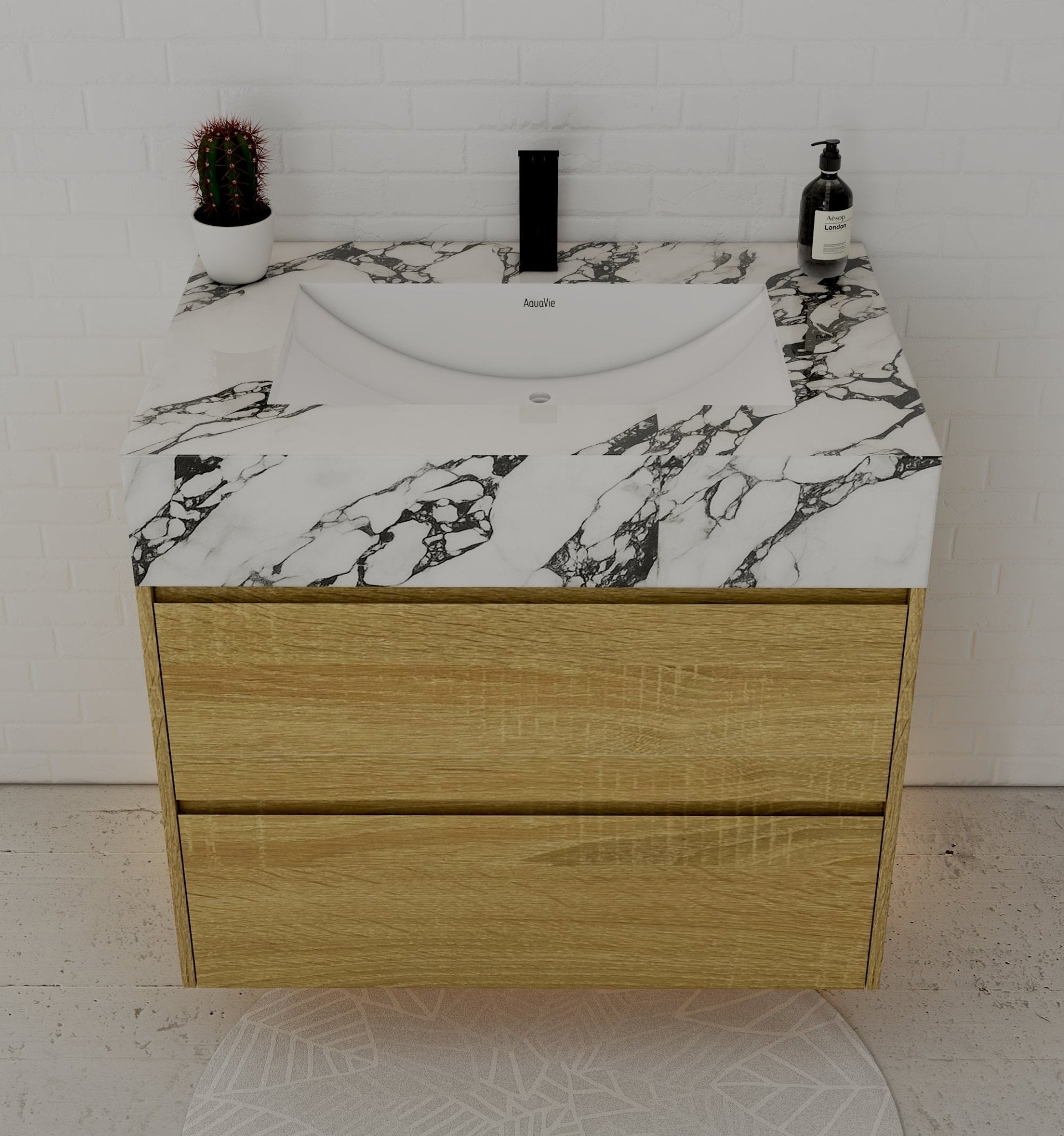 32", 36", 40" Sintered Stone Top with Nature Oak Floating Bathroom Vanity - VanityCalacatta Black NeoNova Decor