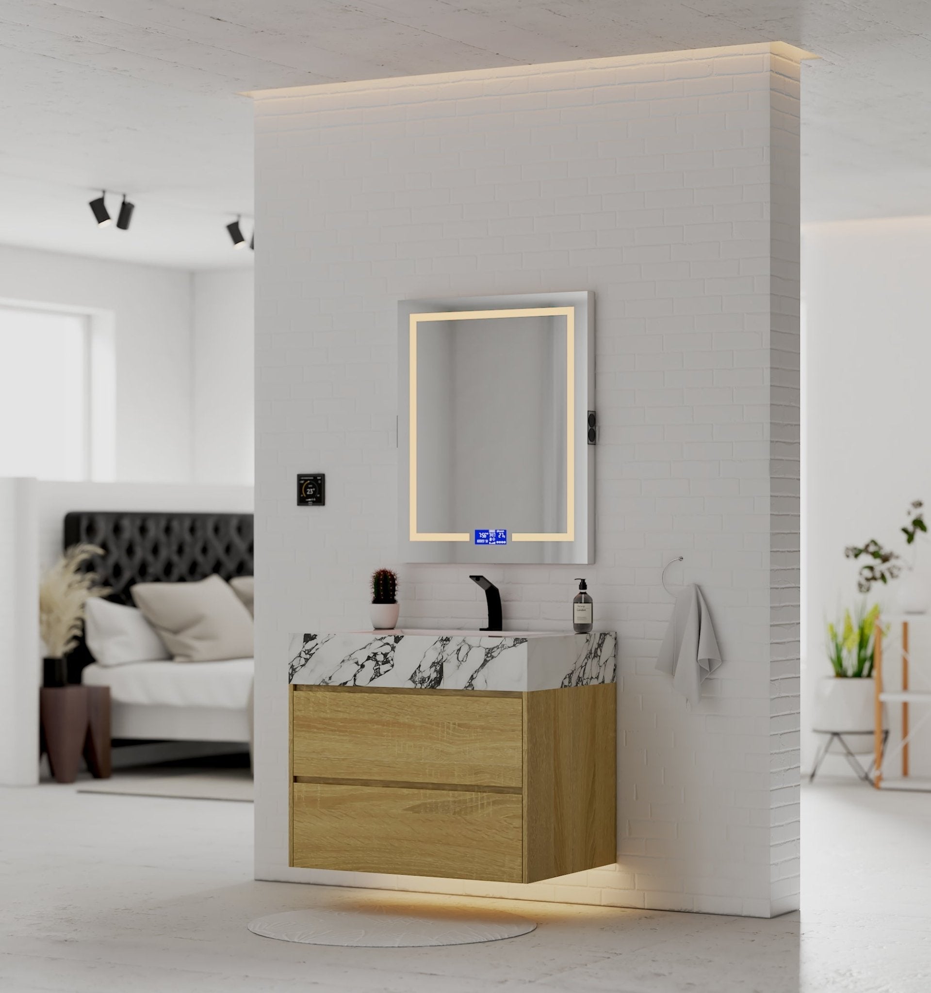 32", 36", 40" Sintered Stone Top with Nature Oak Floating Bathroom Vanity - VanityCalacatta Black NeoNova Decor