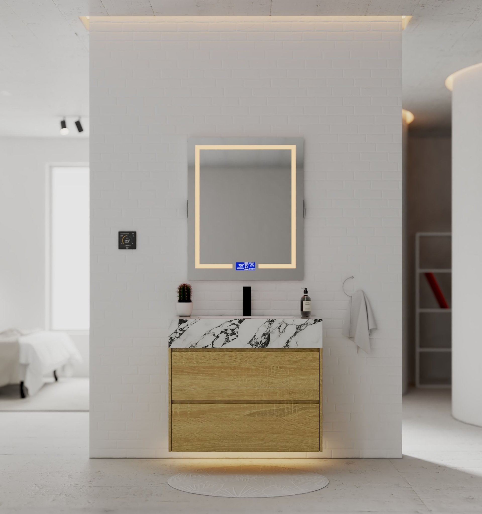 32", 36", 40" Sintered Stone Top with Nature Oak Floating Bathroom Vanity - VanityCalacatta Black NeoNova Decor