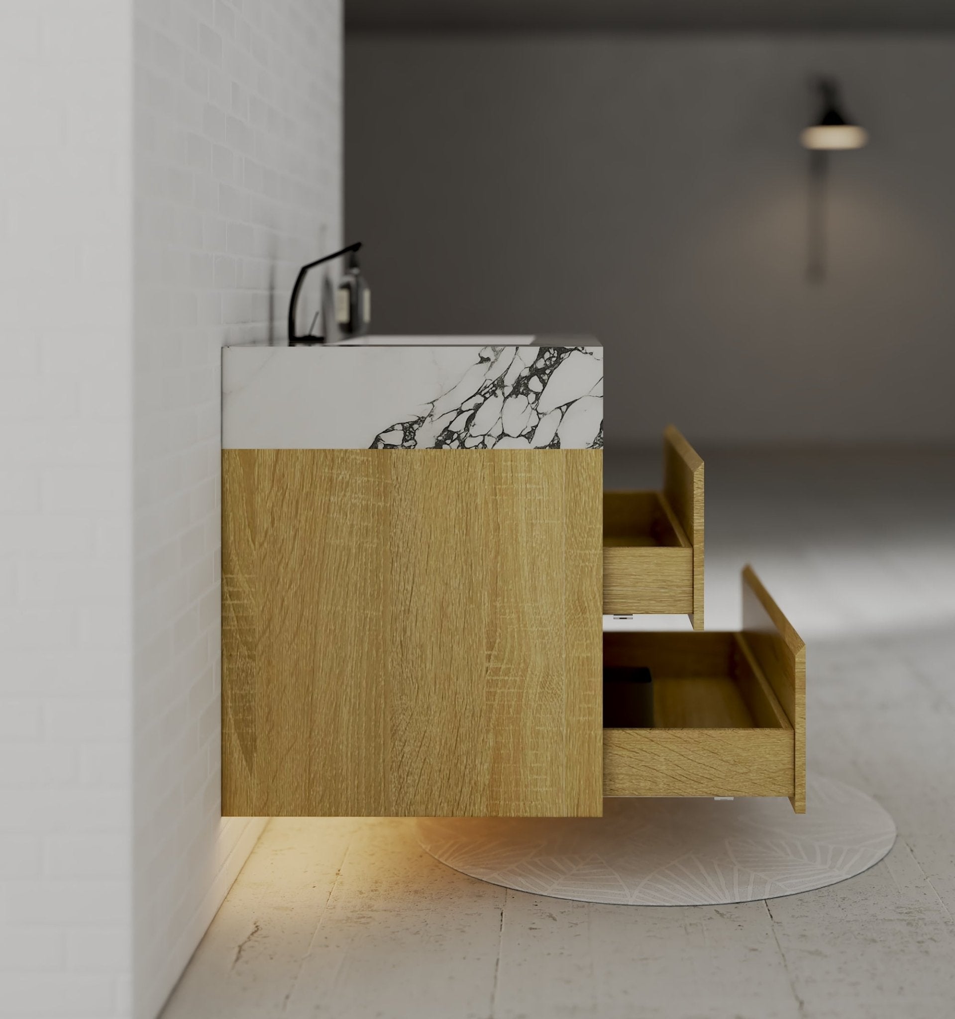 32", 36", 40" Sintered Stone Top with Nature Oak Floating Bathroom Vanity - VanityCalacatta Black NeoNova Decor