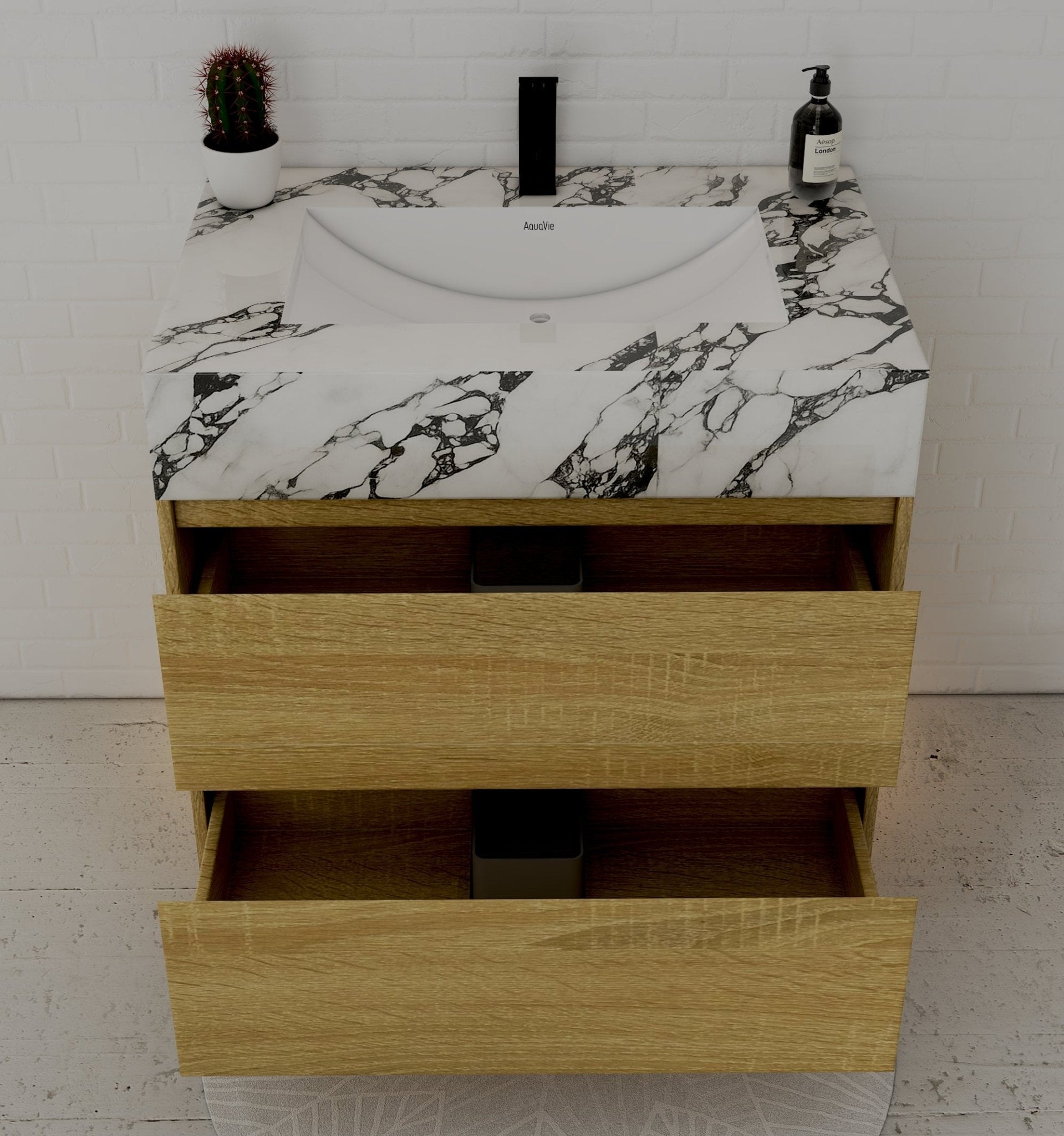 32", 36", 40" Sintered Stone Top with Nature Oak Floating Bathroom Vanity - VanityCalacatta Black NeoNova Decor