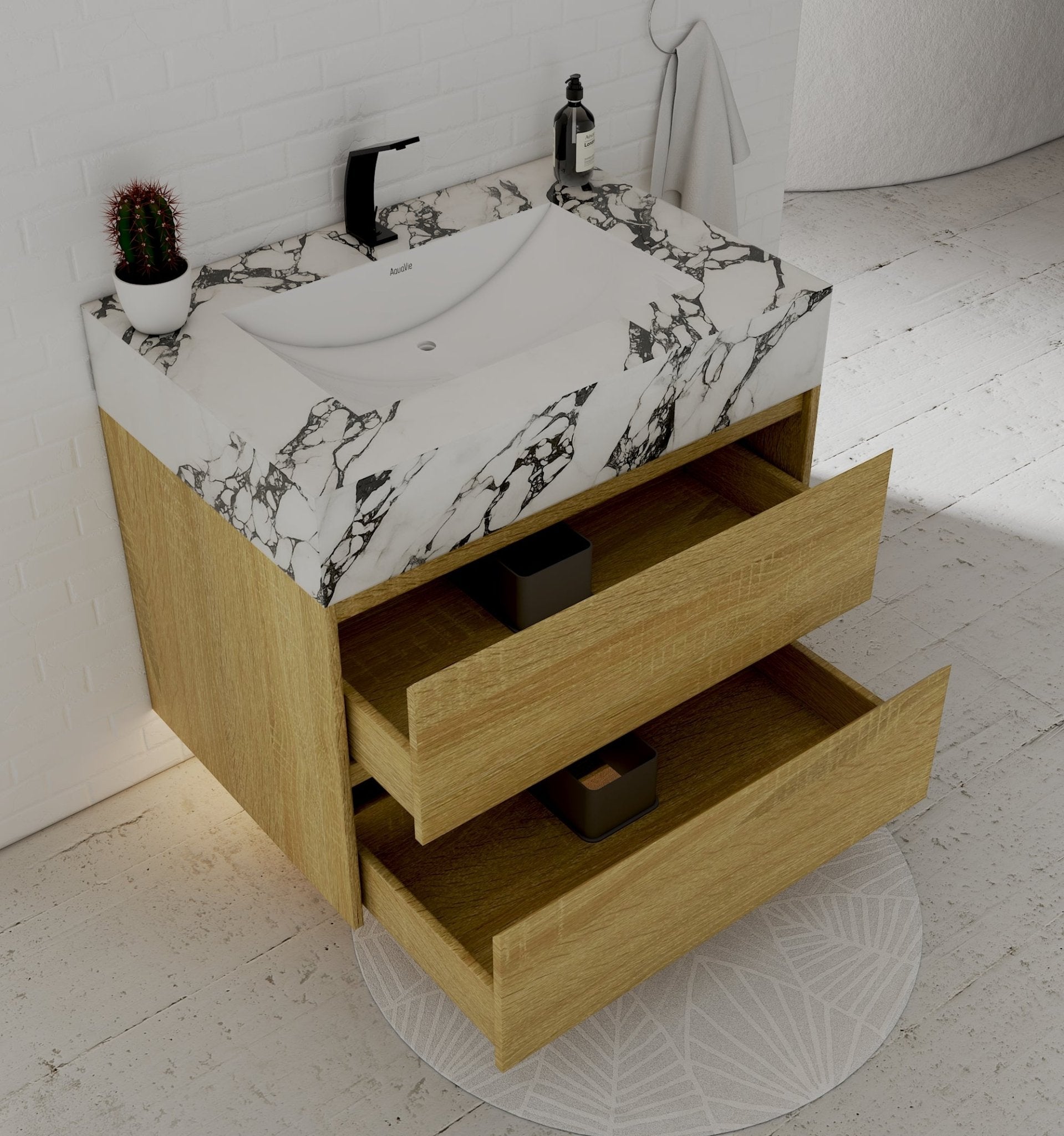 32", 36", 40" Sintered Stone Top with Nature Oak Floating Bathroom Vanity - VanityCalacatta Black NeoNova Decor