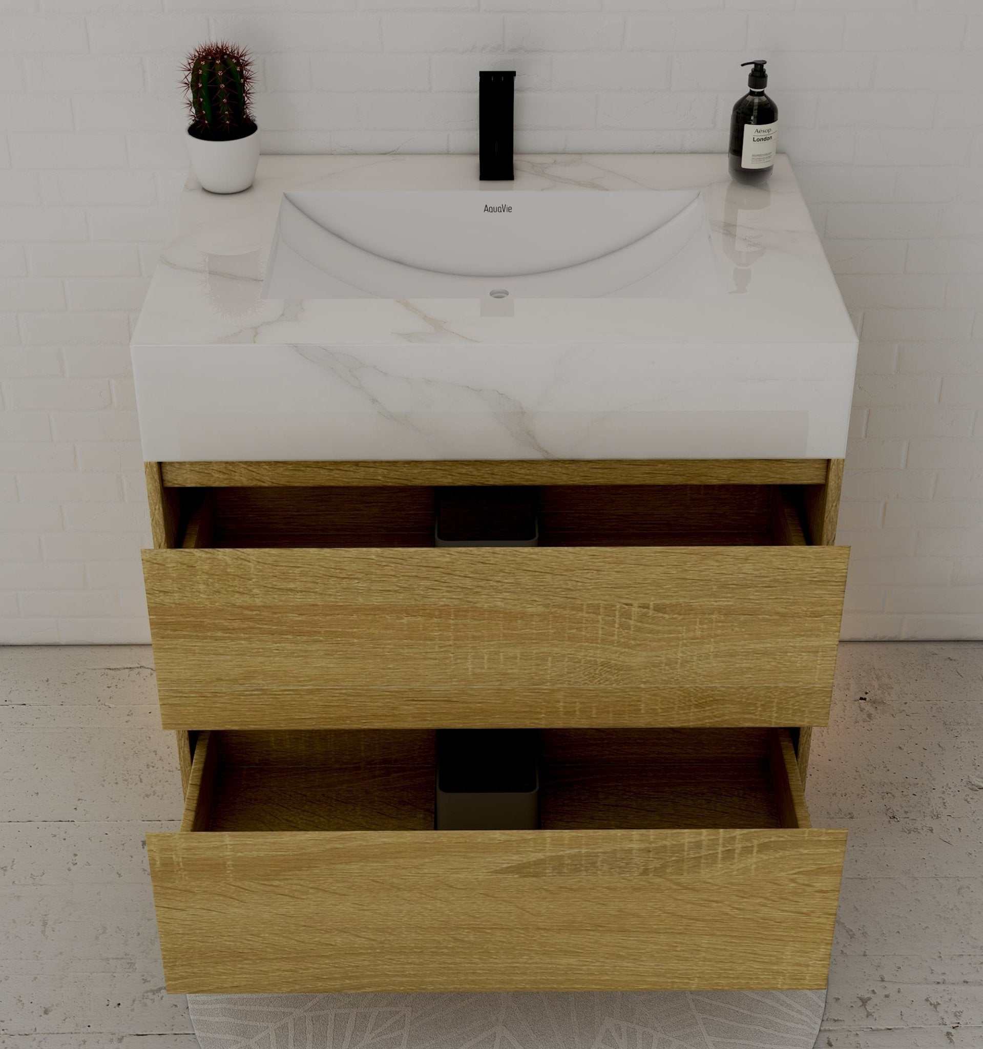 32", 36", 40" Sintered Stone Top with Nature Oak Floating Bathroom Vanity - VanityCalacatta Gold NeoNova Decor