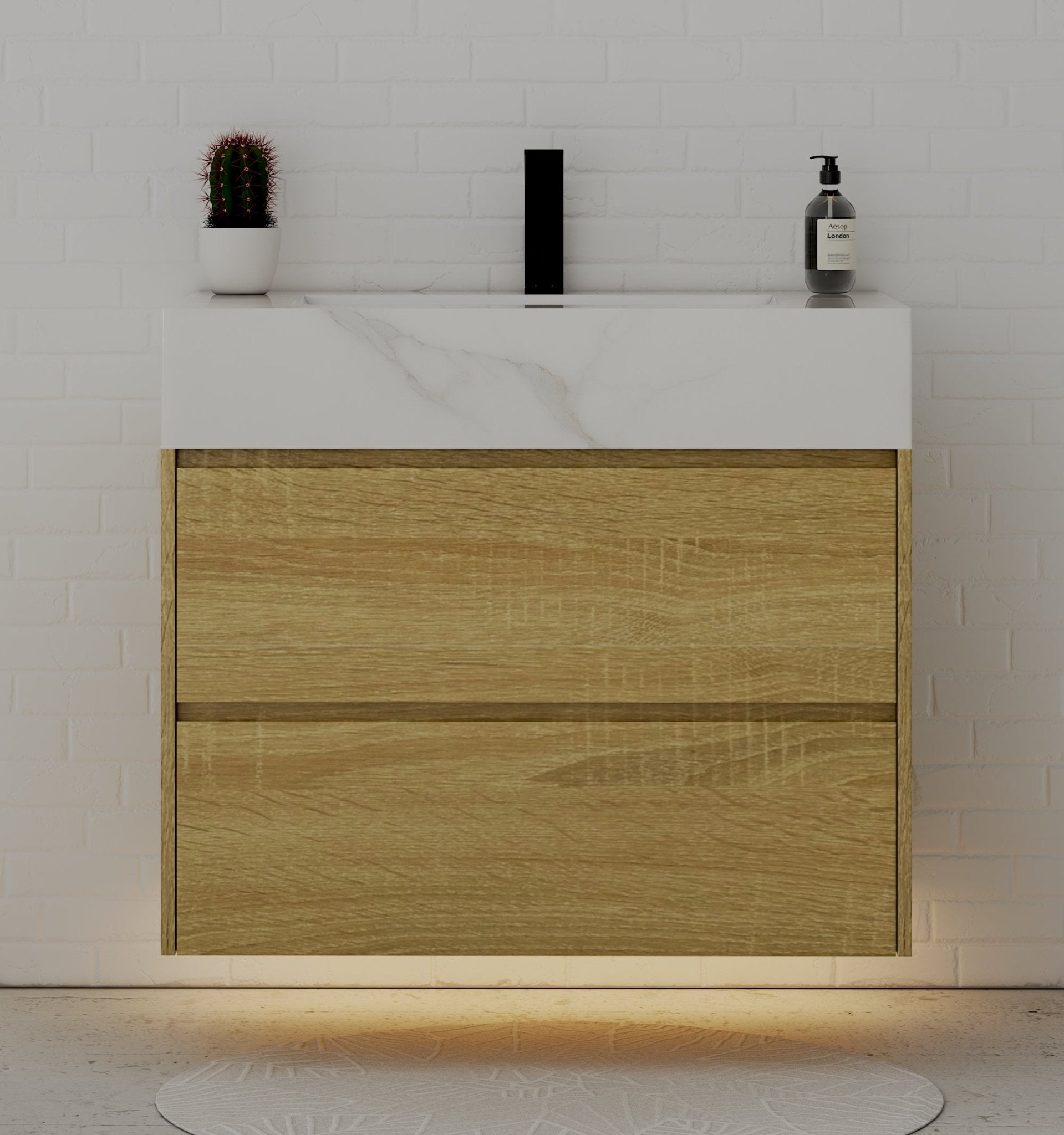 32", 36", 40" Sintered Stone Top with Nature Oak Floating Bathroom Vanity - VanityCalacatta Gold NeoNova Decor