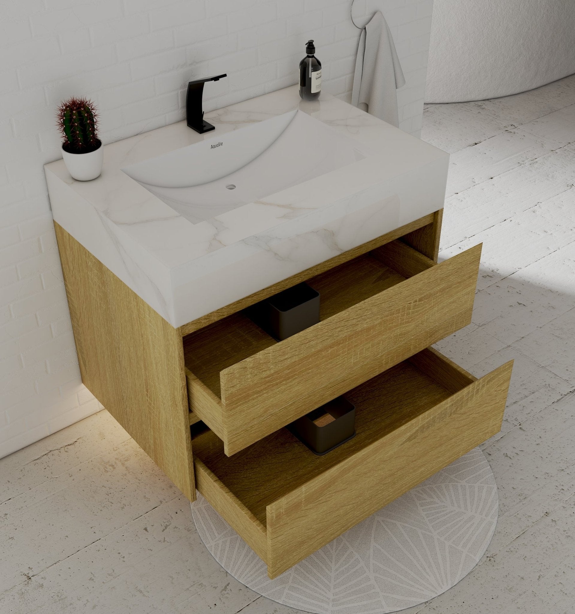 32", 36", 40" Sintered Stone Top with Nature Oak Floating Bathroom Vanity - VanityCalacatta Gold NeoNova Decor