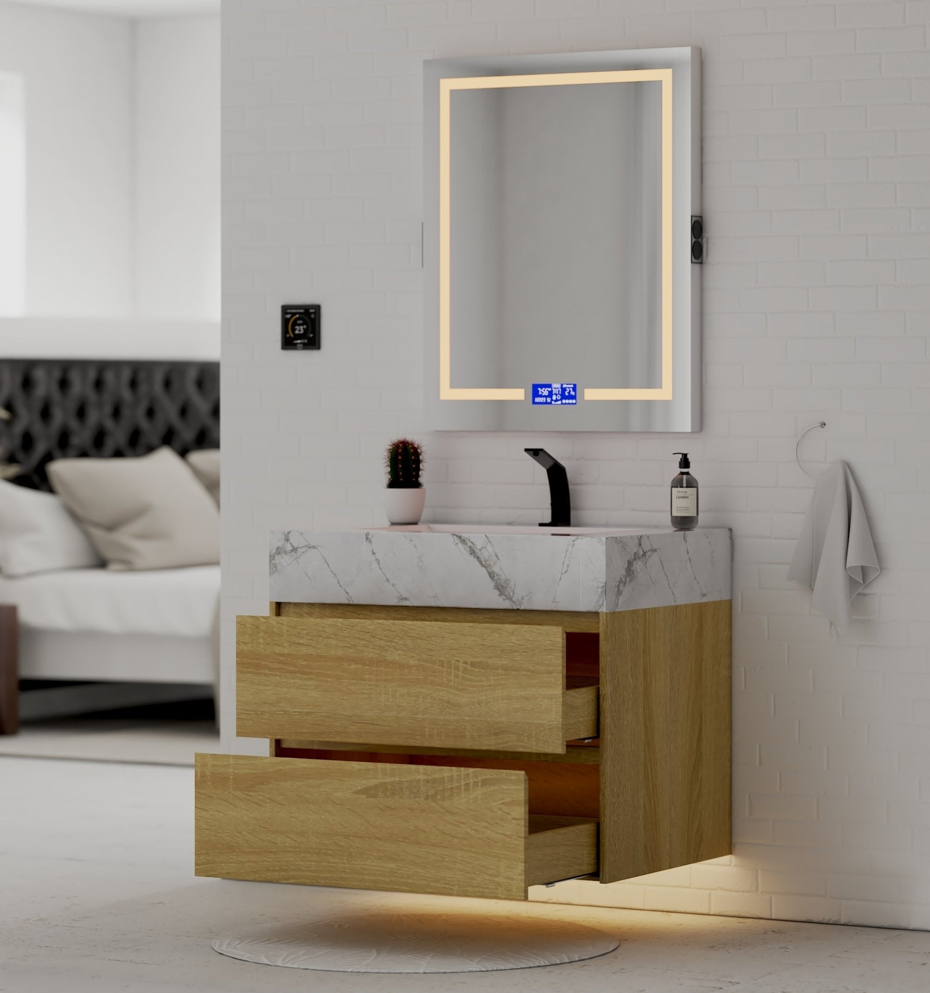 32", 36", 40" Sintered Stone Top with Nature Oak Floating Bathroom Vanity - VanityIce Grey NeoNova Decor