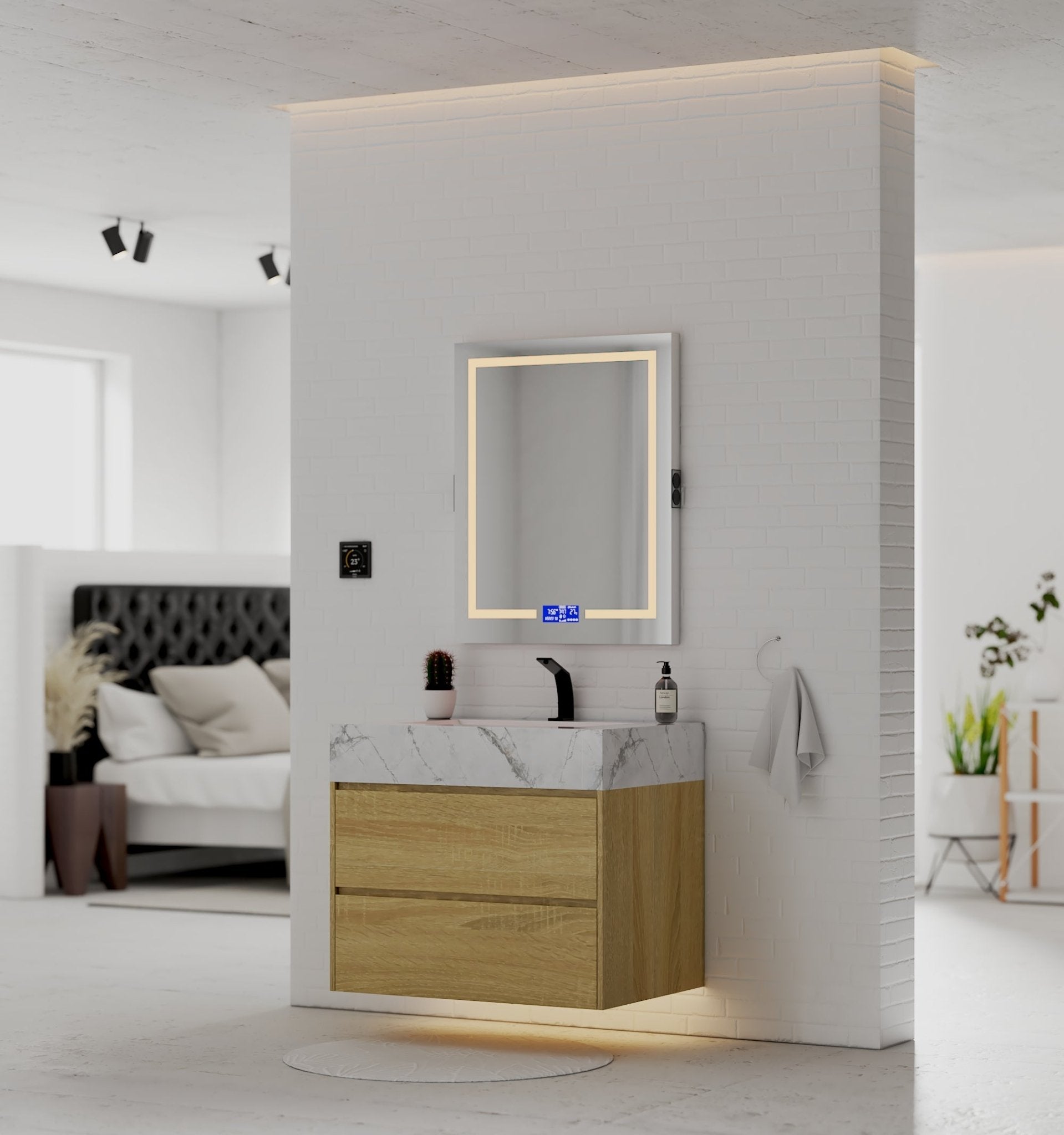 32", 36", 40" Sintered Stone Top with Nature Oak Floating Bathroom Vanity - VanityIce Grey NeoNova Decor