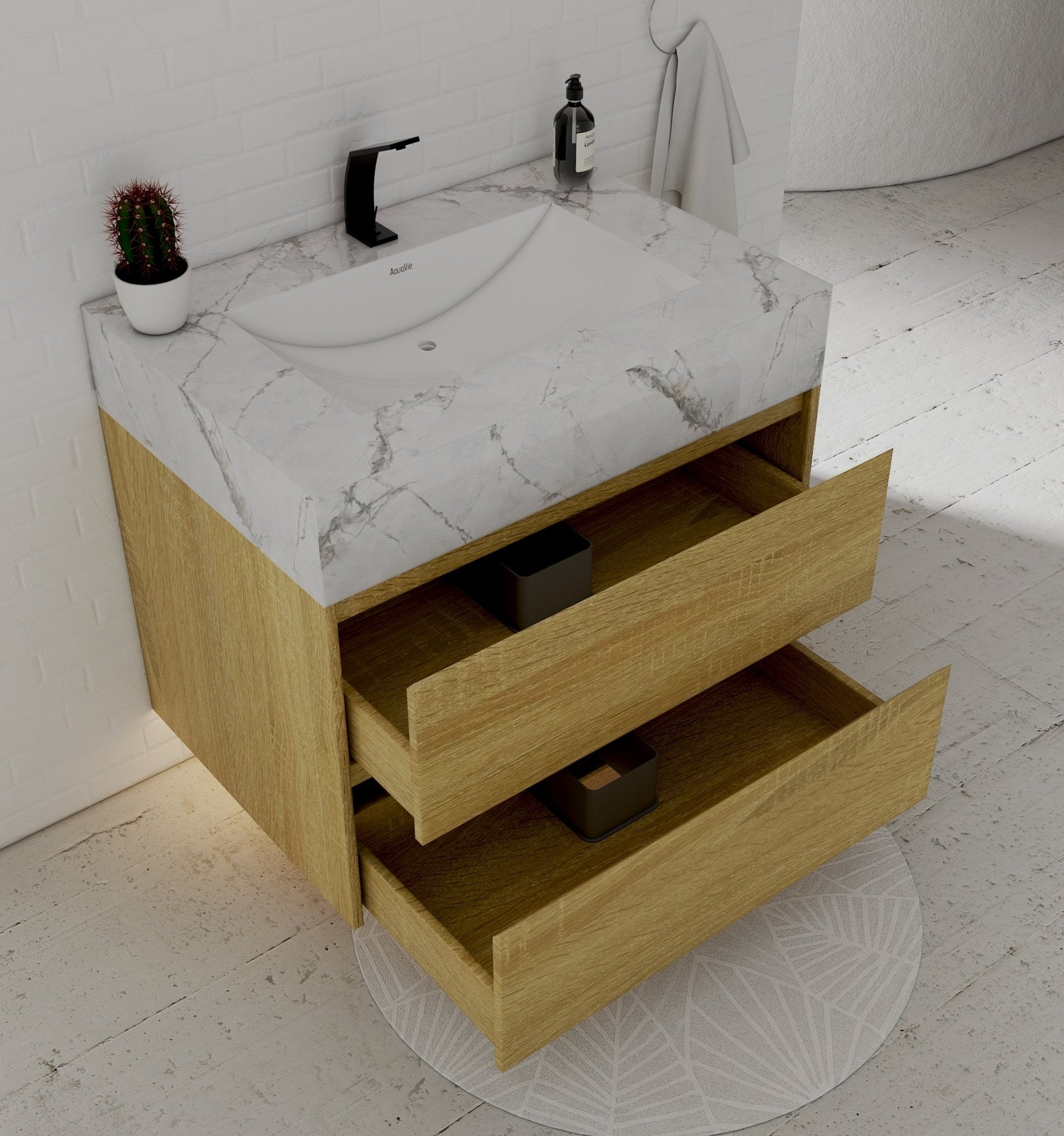 32", 36", 40" Sintered Stone Top with Nature Oak Floating Bathroom Vanity - VanityIce Grey NeoNova Decor