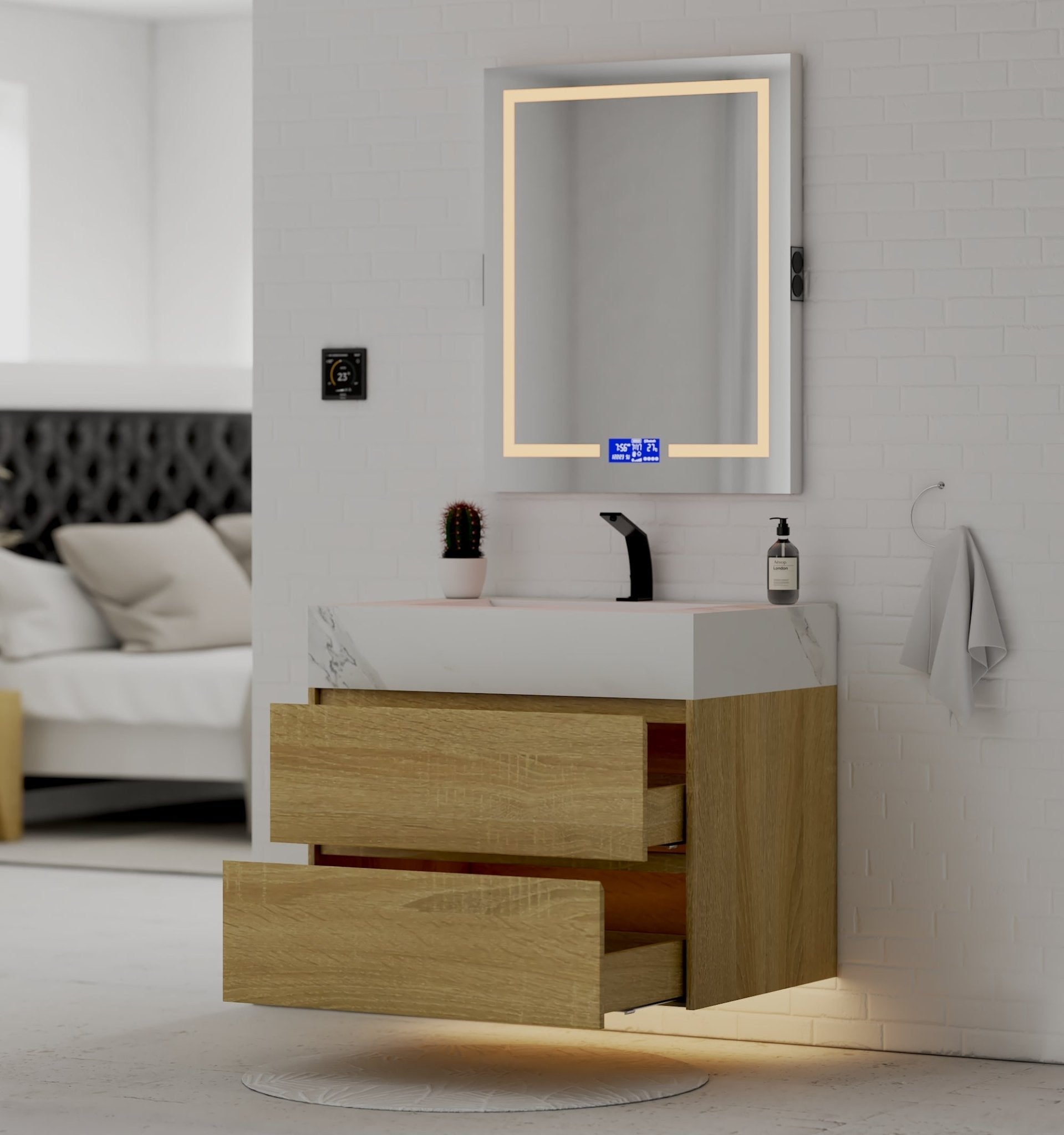 32", 36", 40" Sintered Stone Top with Nature Oak Floating Bathroom Vanity - VanityWhite Carrara NeoNova Decor