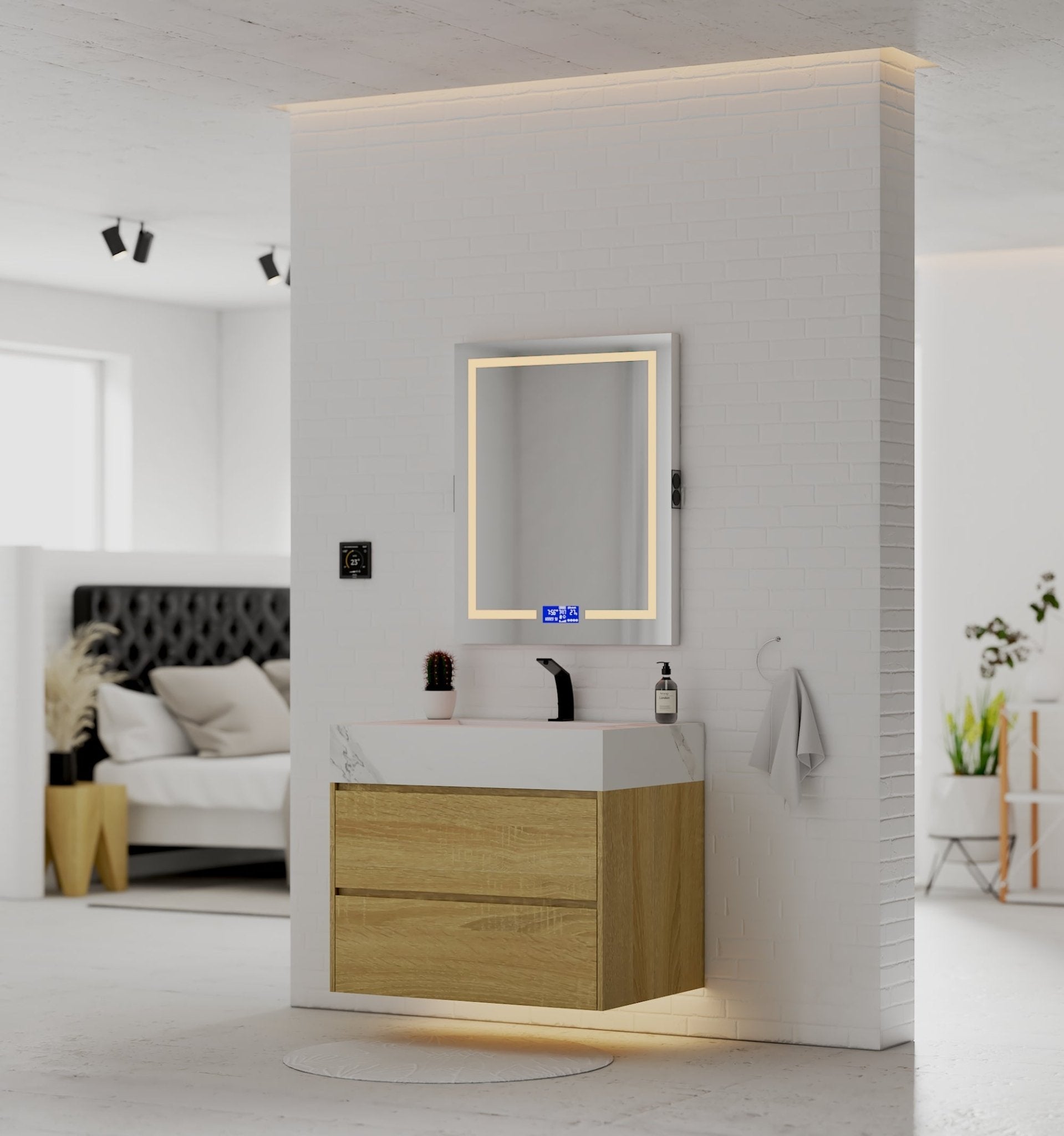 32", 36", 40" Sintered Stone Top with Nature Oak Floating Bathroom Vanity - VanityWhite Carrara NeoNova Decor