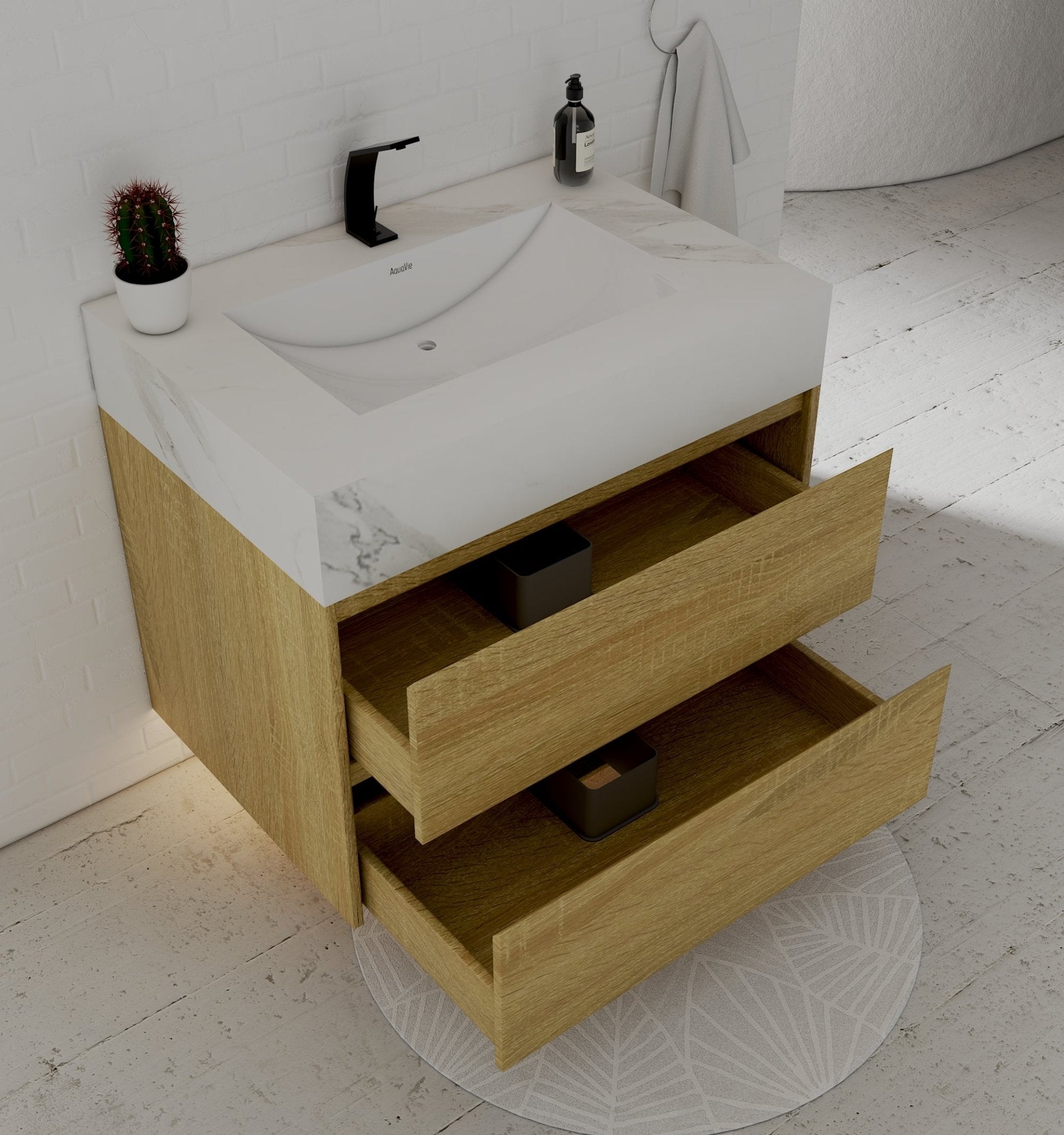 32", 36", 40" Sintered Stone Top with Nature Oak Floating Bathroom Vanity - VanityWhite Carrara NeoNova Decor