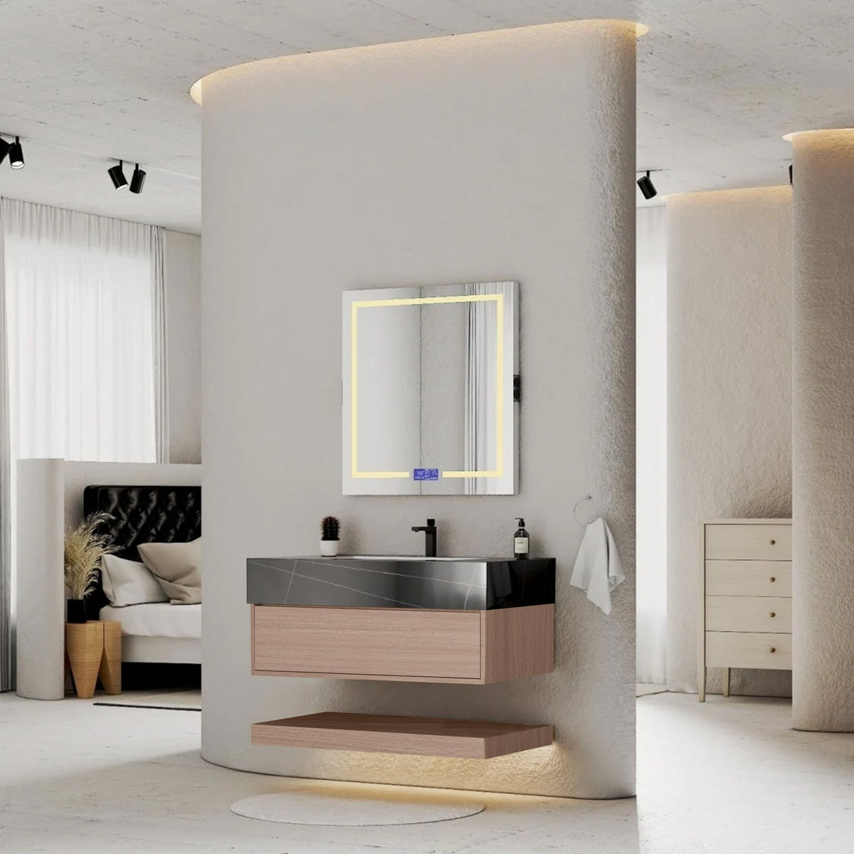 32", 36", 40" Smoked Oak Hotel-Style Floating Bathroom Vanity With Sintered Stone Top -VanityBlack Marquina Gold Veins
