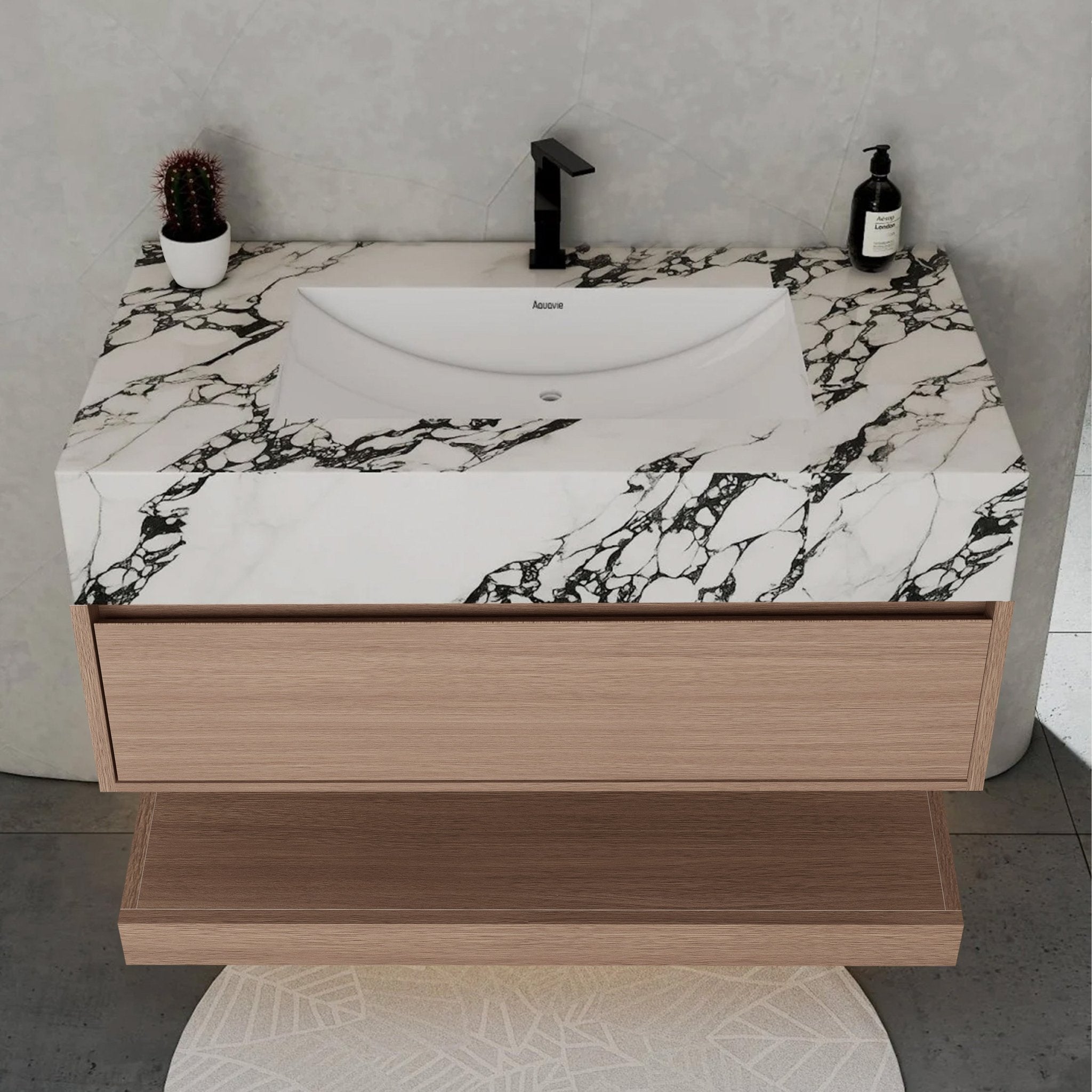 32", 36", 40" Smoked Oak Hotel-Style Floating Bathroom Vanity With Sintered Stone Top -VanityCalacatta Black