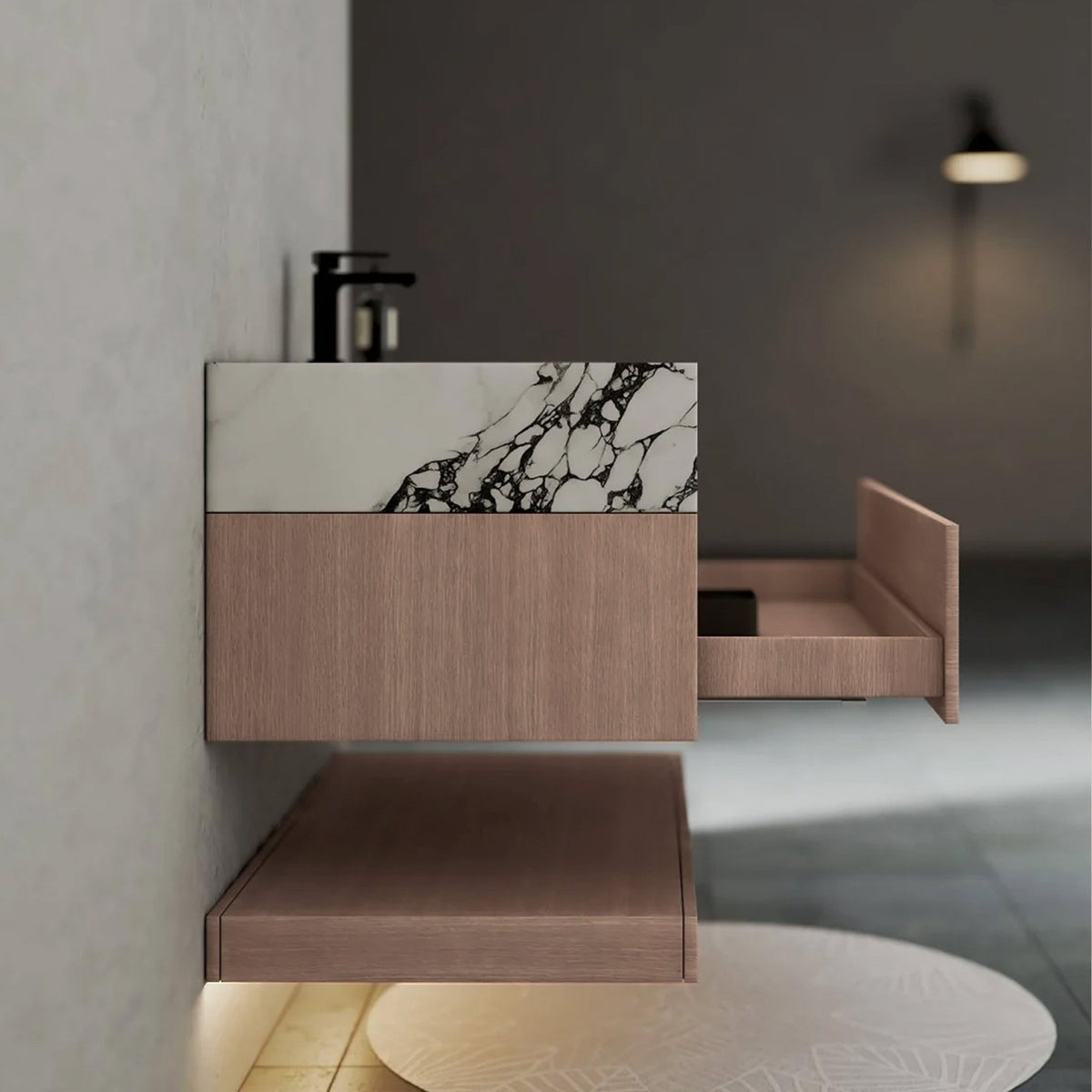 32", 36", 40" Smoked Oak Hotel-Style Floating Bathroom Vanity With Sintered Stone Top -VanityCalacatta Black