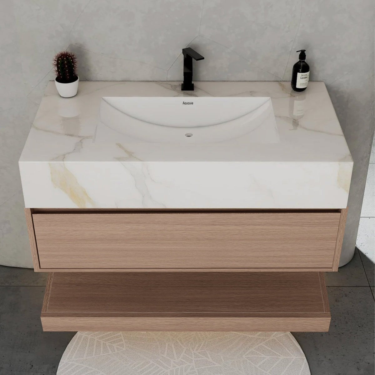 32", 36", 40" Smoked Oak Hotel-Style Floating Bathroom Vanity With Sintered Stone Top -VanityCalacatta Gold