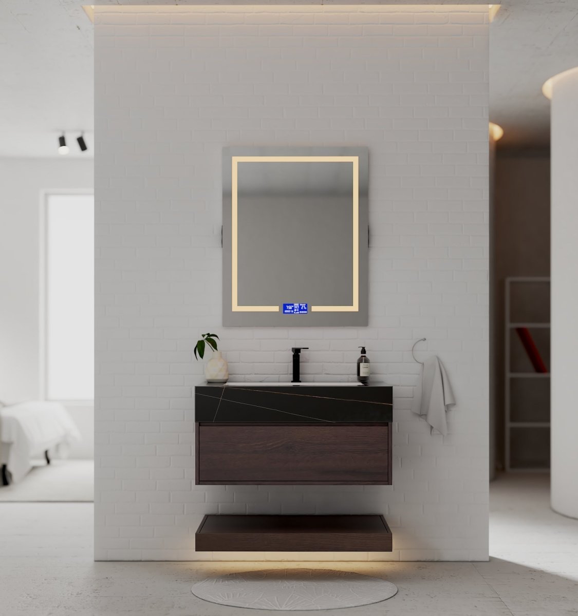 32", 36", 40" Walnut Sintered Stone Top with Hotel - Style Floating Bathroom Vanity - VanityBlack Marquina Gold Veins NeoNova Decor