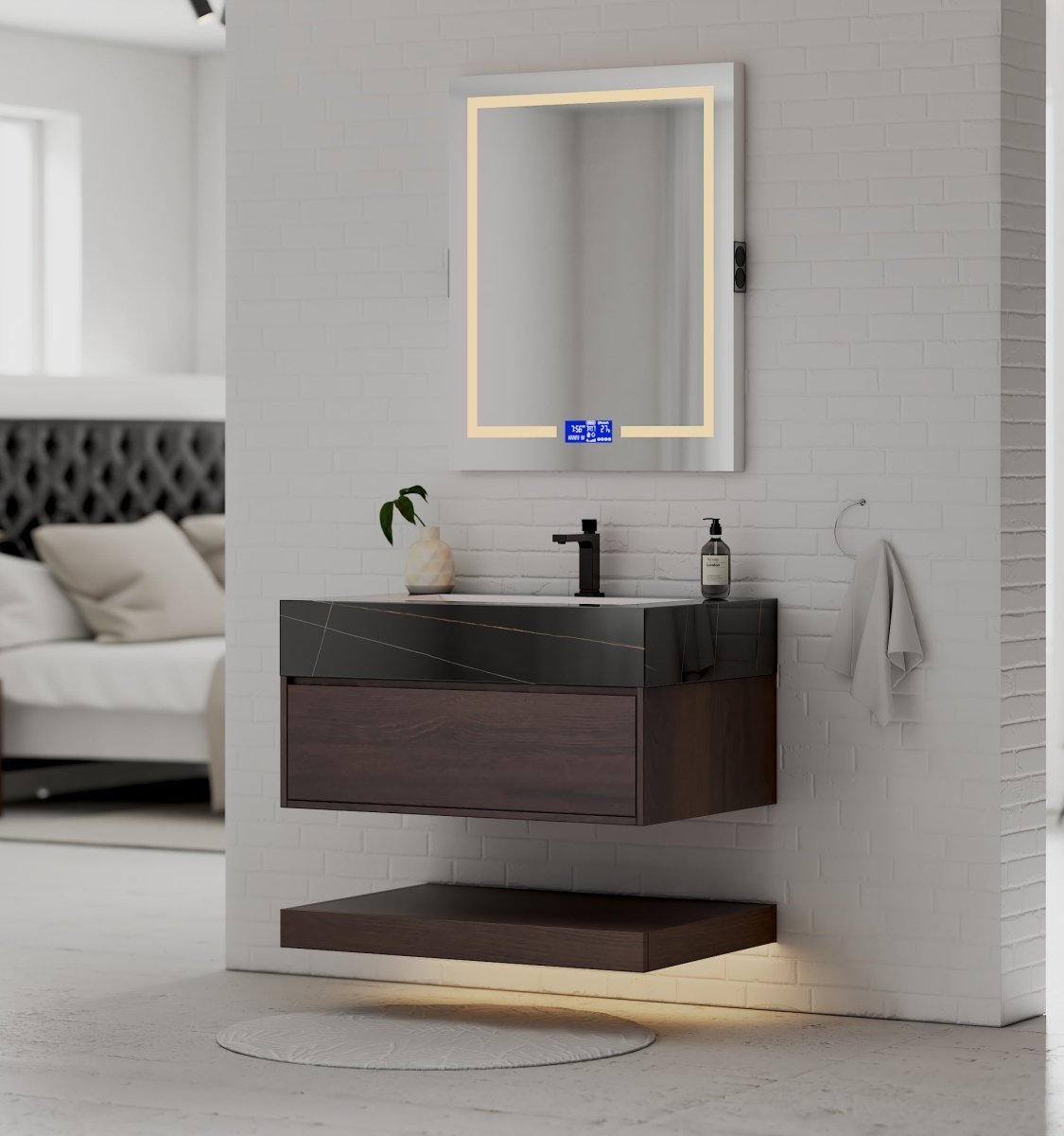 32", 36", 40" Walnut Sintered Stone Top with Hotel - Style Floating Bathroom Vanity - VanityBlack Marquina Gold Veins NeoNova Decor