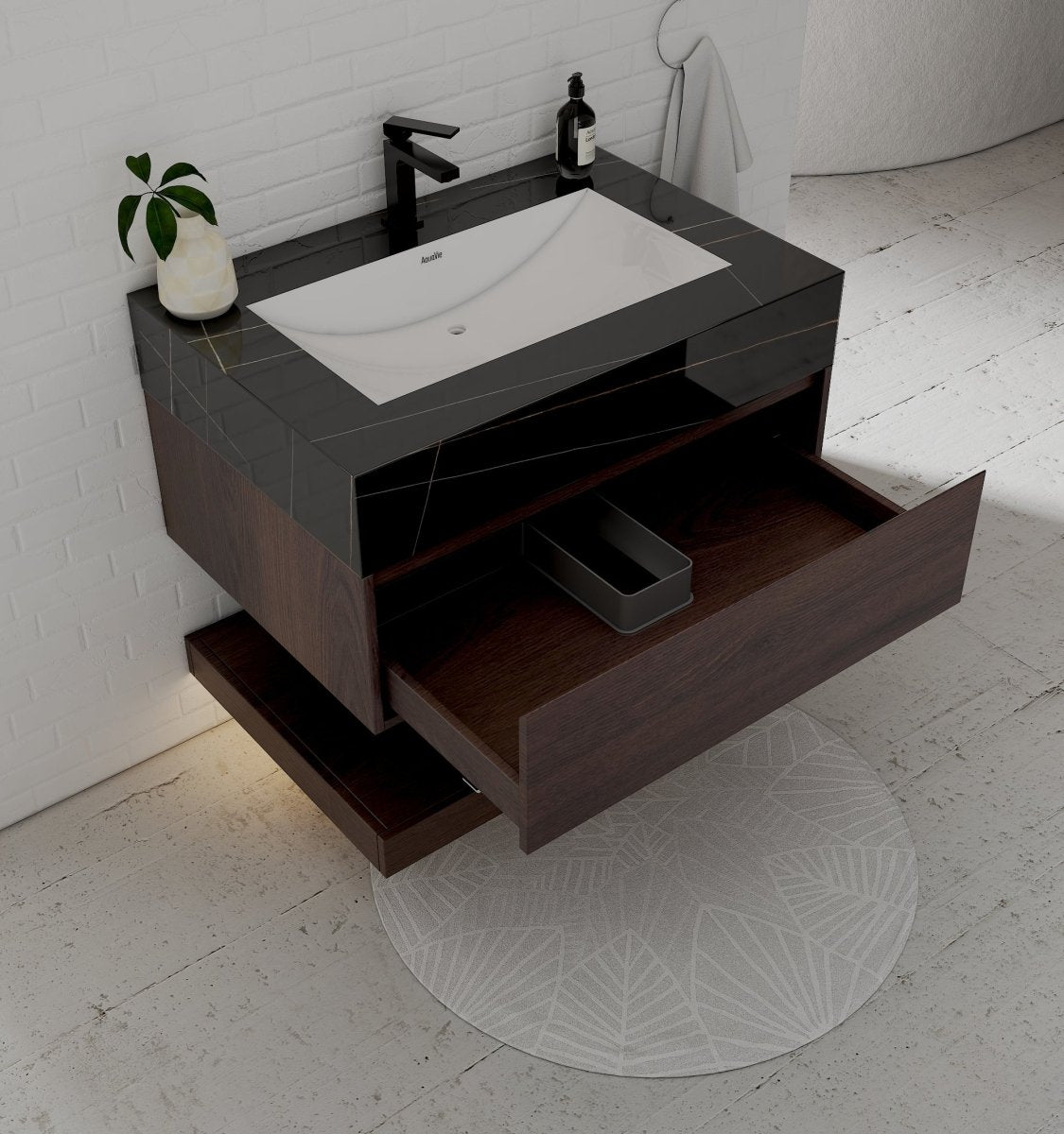 32", 36", 40" Walnut Sintered Stone Top with Hotel - Style Floating Bathroom Vanity - VanityBlack Marquina Gold Veins NeoNova Decor