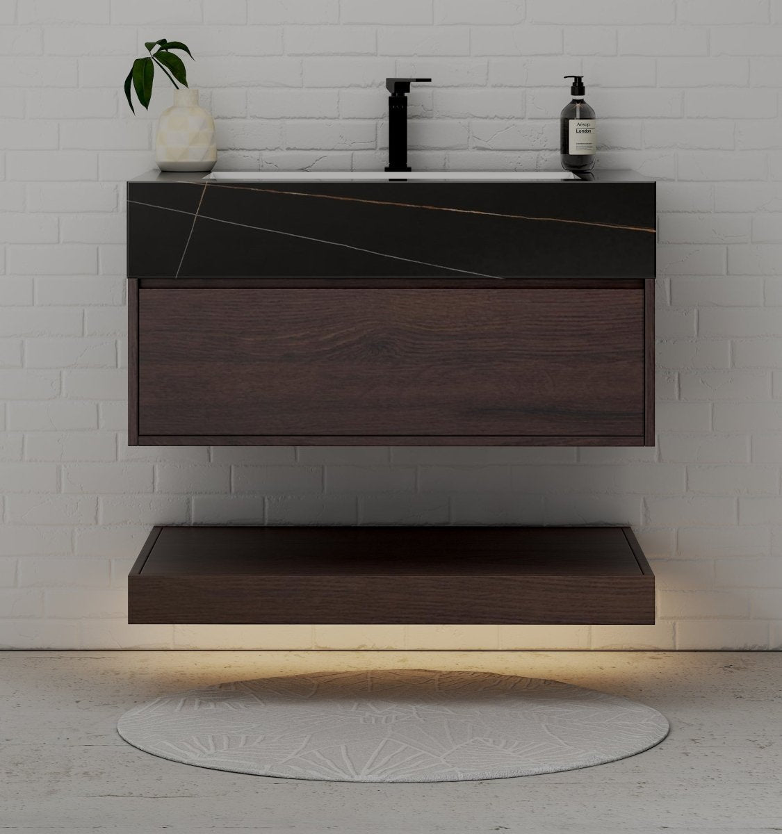 32", 36", 40" Walnut Sintered Stone Top with Hotel - Style Floating Bathroom Vanity - VanityBlack Marquina Gold Veins NeoNova Decor