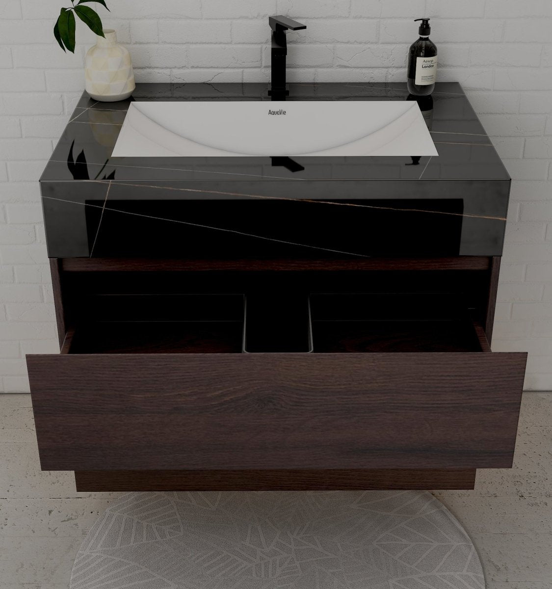 32", 36", 40" Walnut Sintered Stone Top with Hotel - Style Floating Bathroom Vanity - VanityBlack Marquina Gold Veins NeoNova Decor