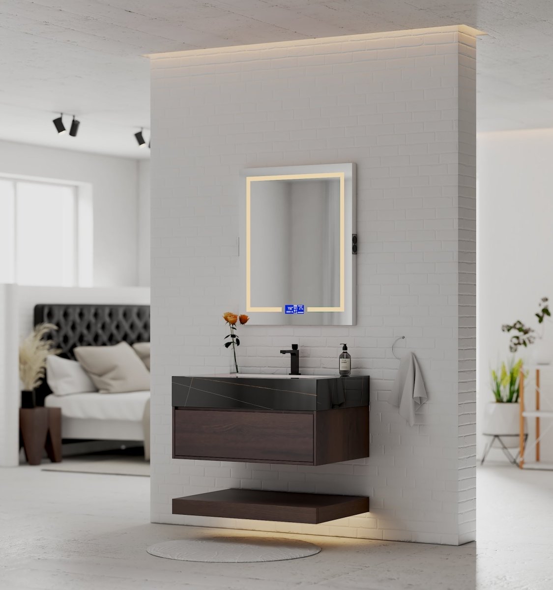 32", 36", 40" Walnut Sintered Stone Top with Hotel - Style Floating Bathroom Vanity - VanityBlack Marquina Gold Veins NeoNova Decor