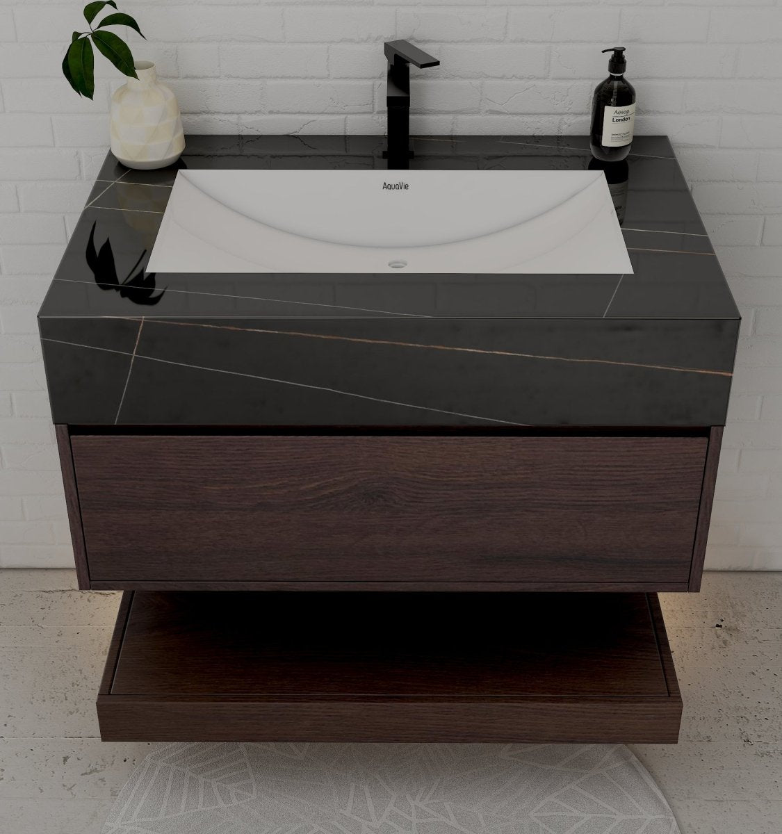 32", 36", 40" Walnut Sintered Stone Top with Hotel - Style Floating Bathroom Vanity - VanityBlack Marquina Gold Veins NeoNova Decor