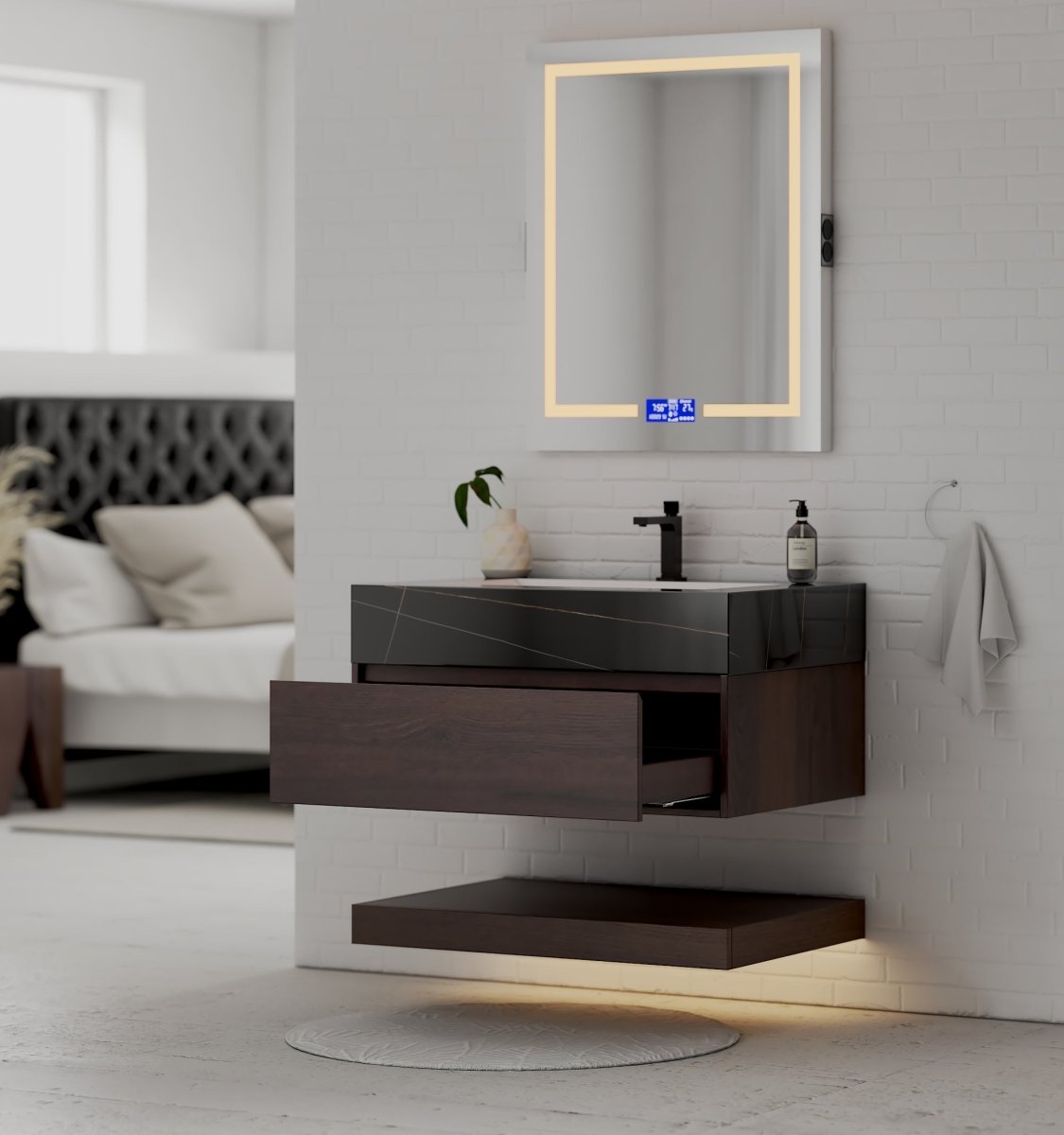 32", 36", 40" Walnut Sintered Stone Top with Hotel - Style Floating Bathroom Vanity - VanityBlack Marquina Gold Veins NeoNova Decor