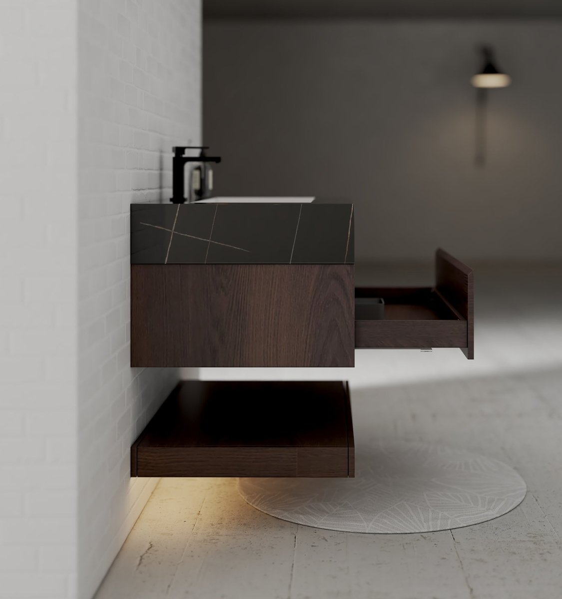 32", 36", 40" Walnut Sintered Stone Top with Hotel - Style Floating Bathroom Vanity - VanityBlack Marquina Gold Veins NeoNova Decor